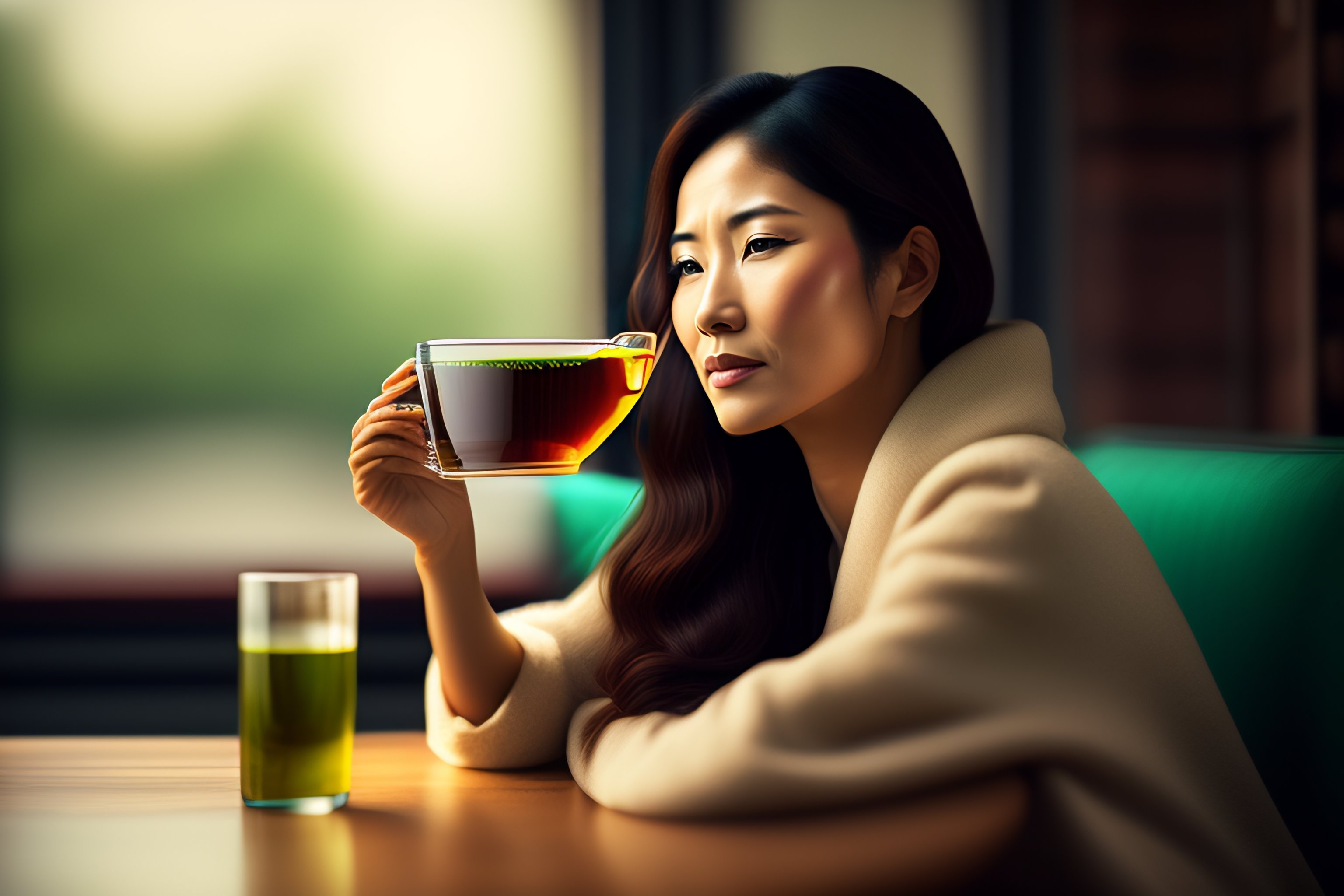 Lexica Tired Woman drinking green tea