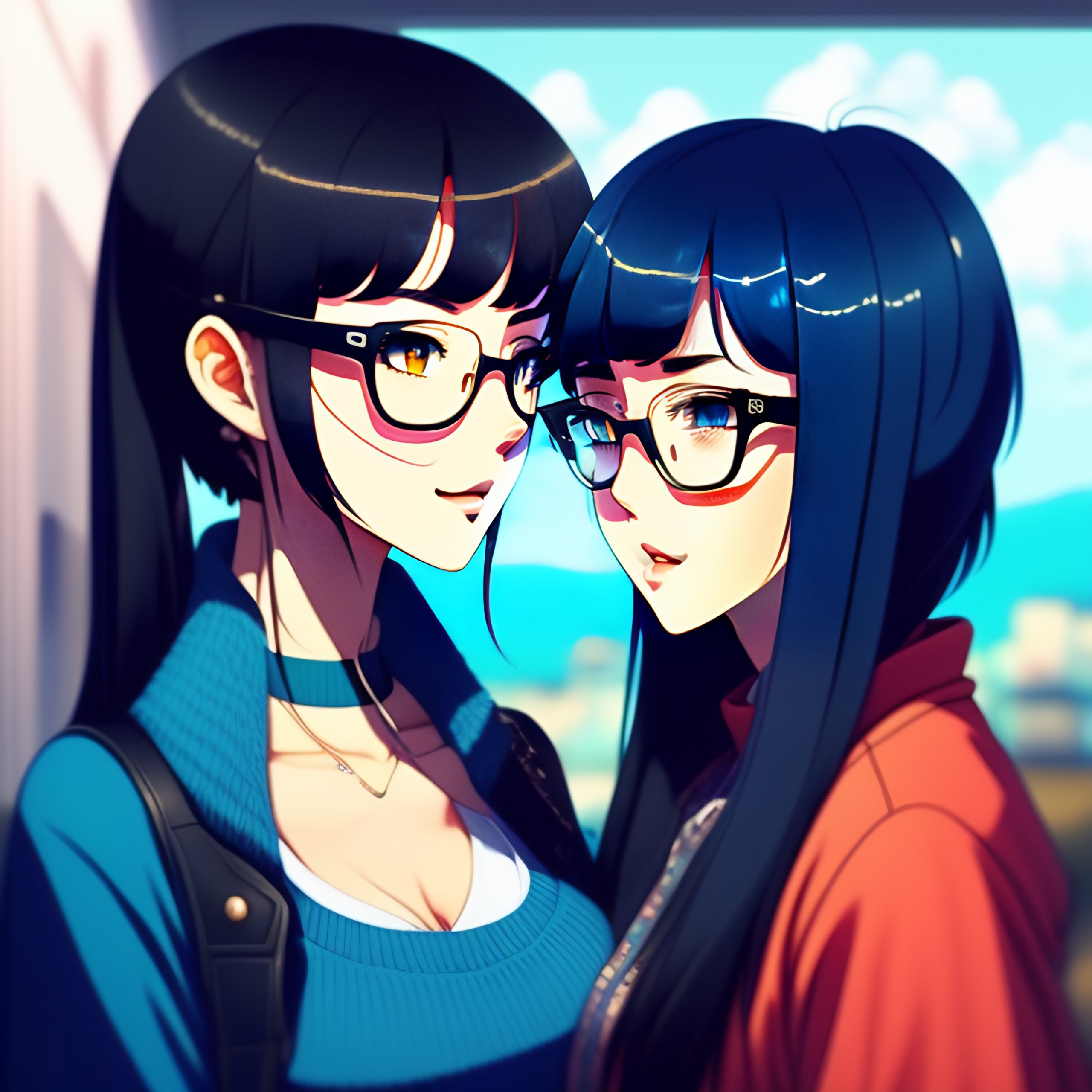 Lexica - Girl with glasses kissing her girlfriend, ghibli, anime style