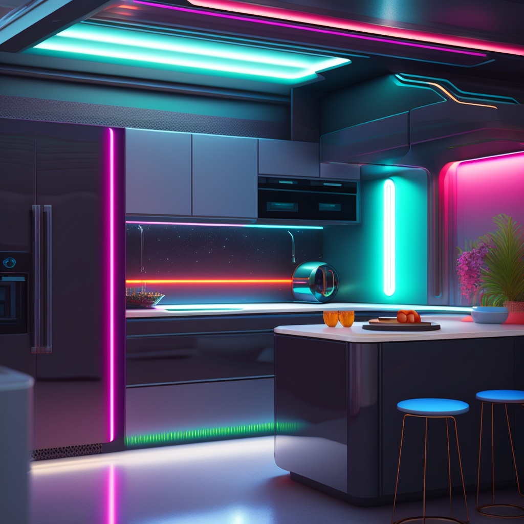 Lexica - Minimalistic cyberpunk kitchen, interior, neon, glow, zaha ...