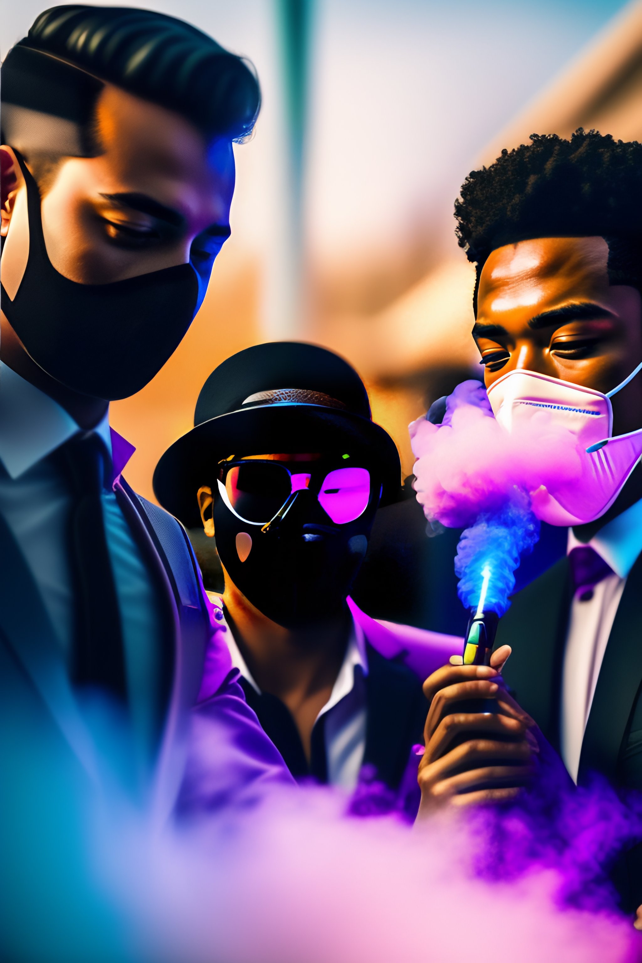 Lexica - 4 masked and suit friends smoking with dab pen in the cancun