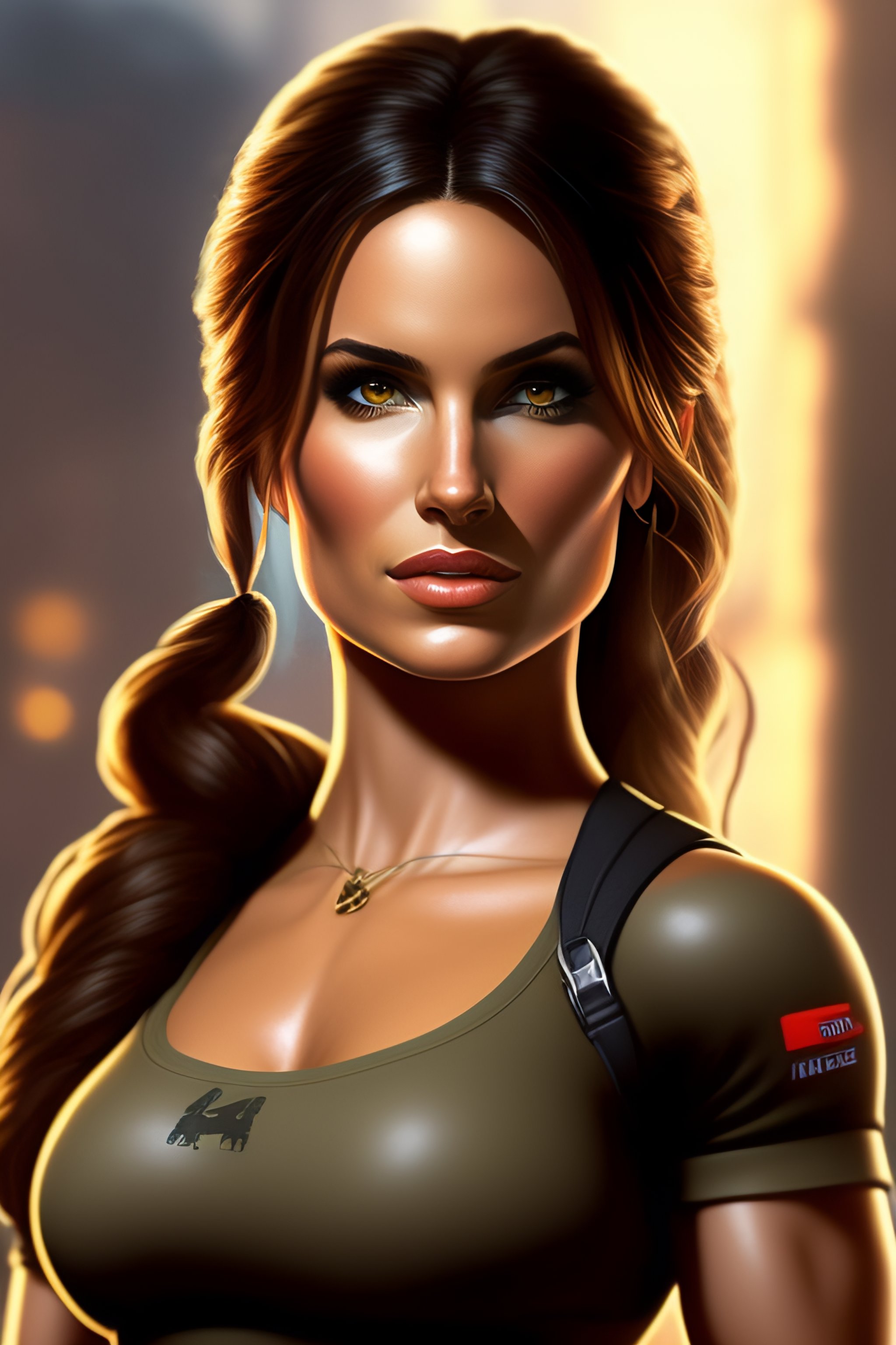 Lexica - Portrait of Lara Croft in a form-fitting baby-doll-shirt