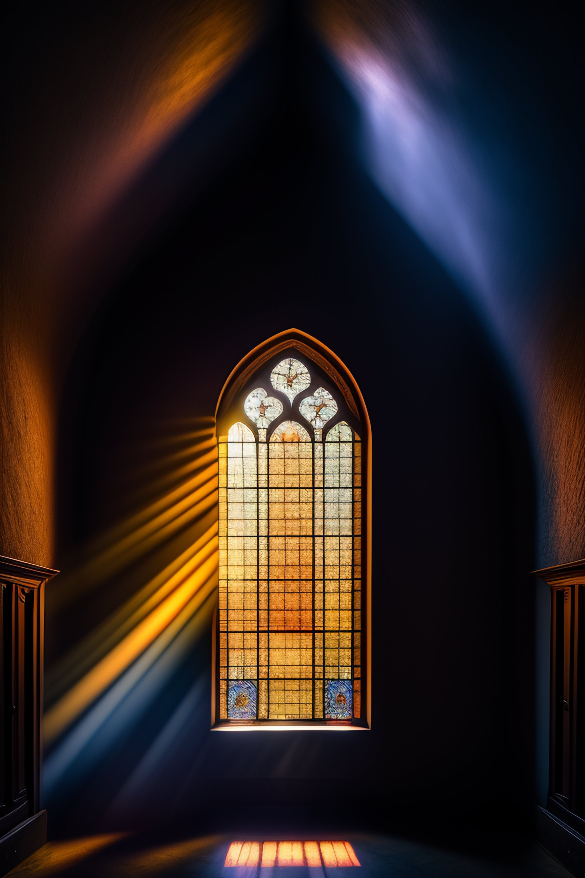 Lexica - Stained glass window of a church with rays emanating from it ...