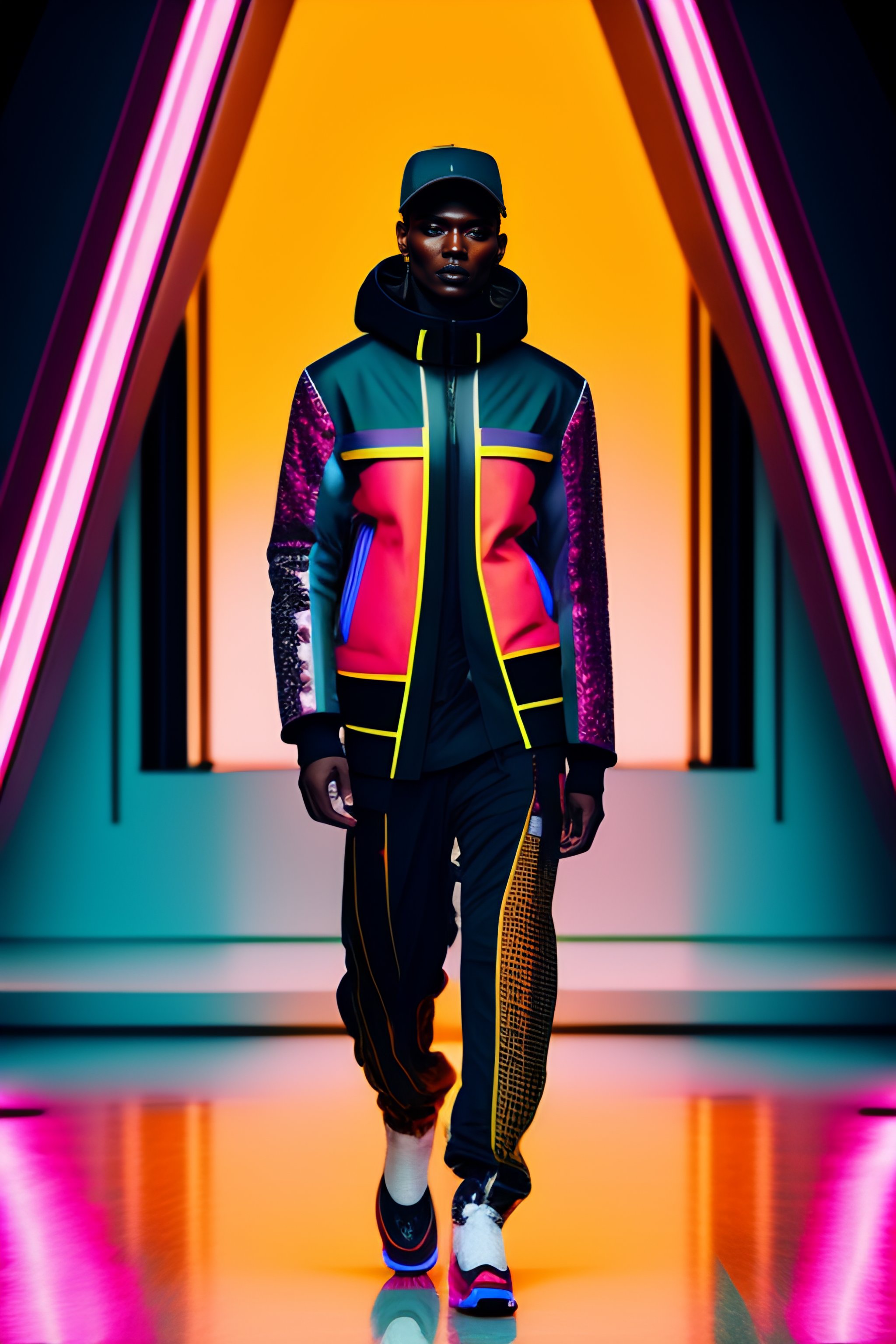 Lexica Streetwear model portrait wearing ((((FAIC logo)))) neon air