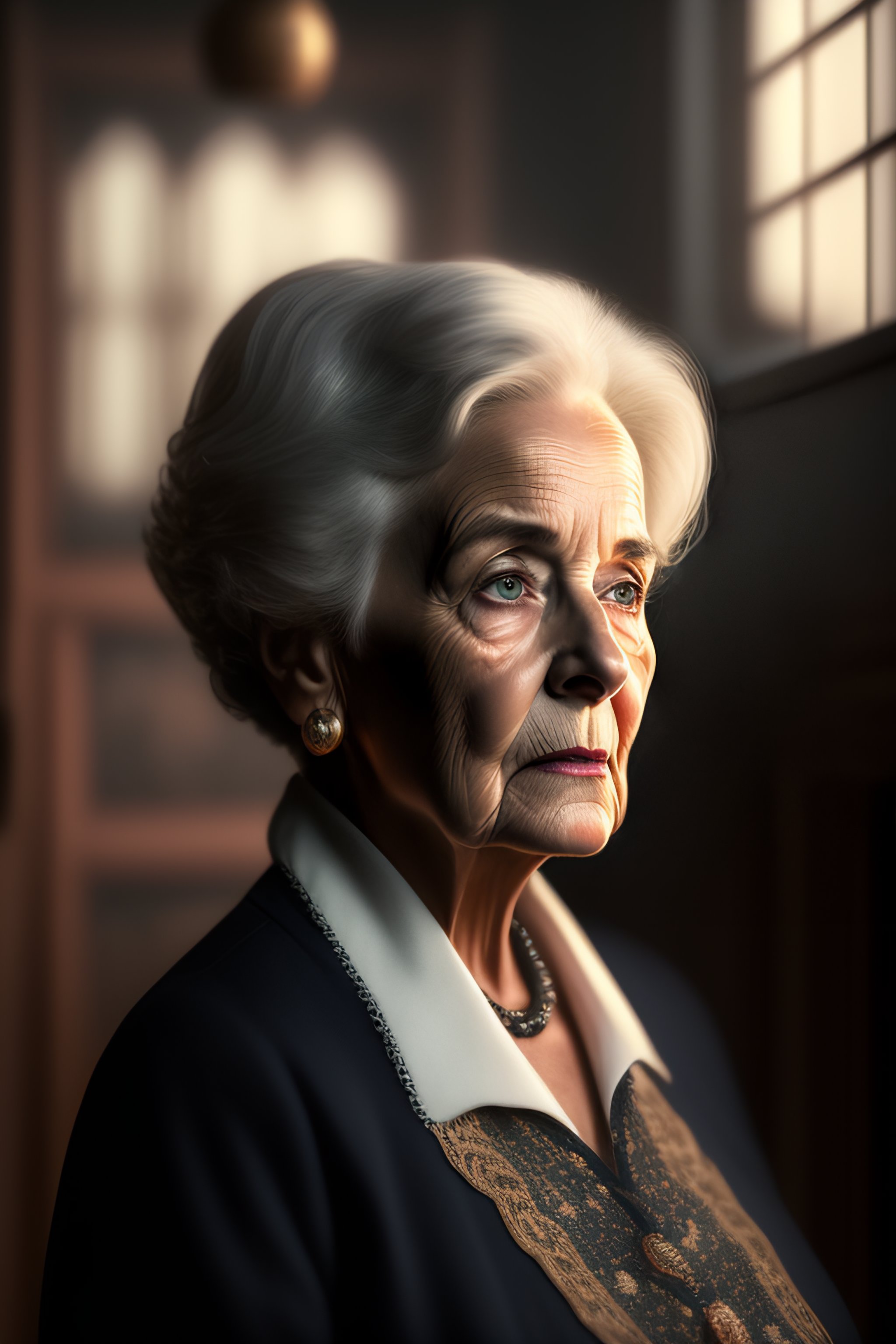 Lexica Woman in dark house, 100 years old, short hair, serious