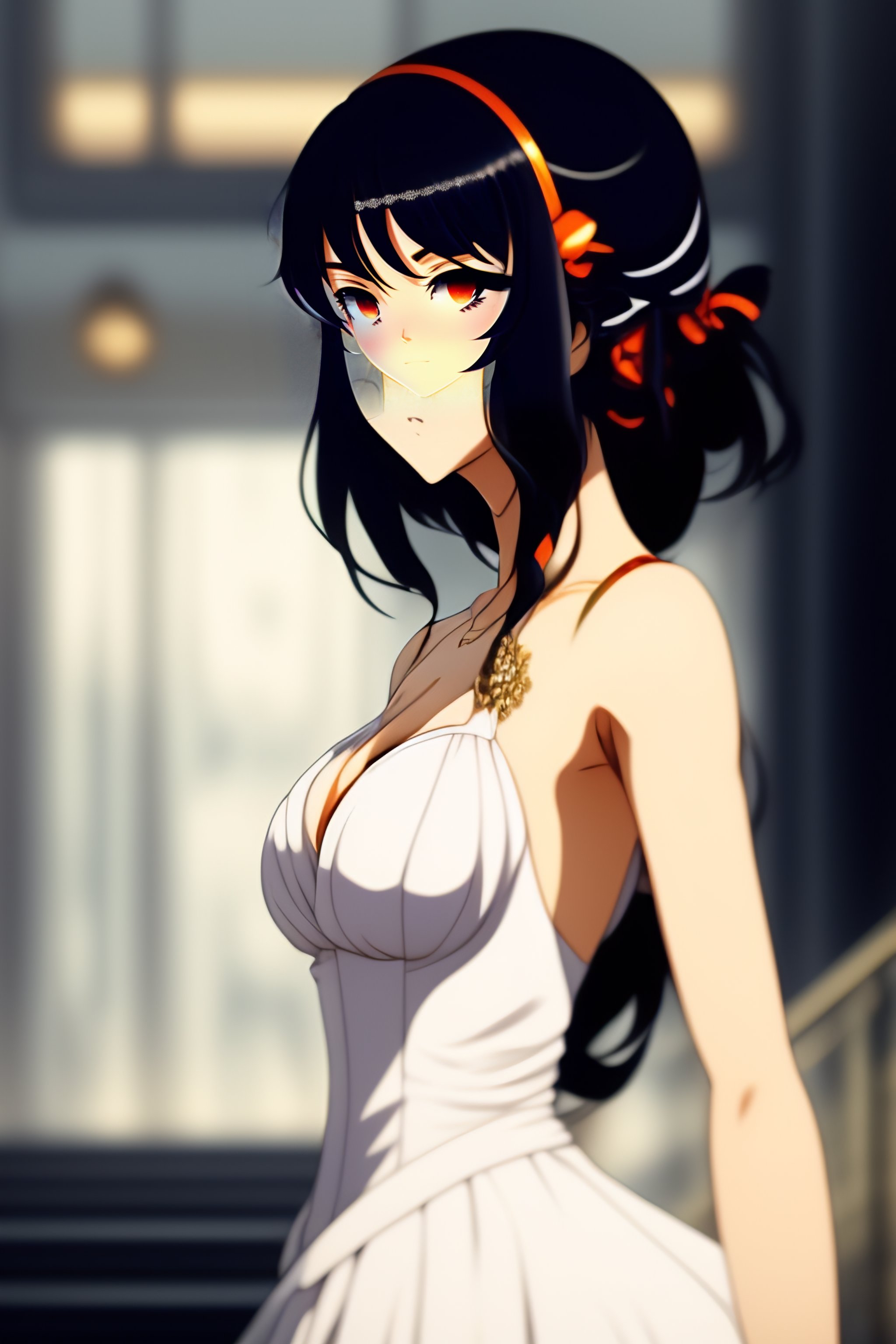 Lexica - Anime style, woman standing facing away from camera, black hair,  wearing a white dress