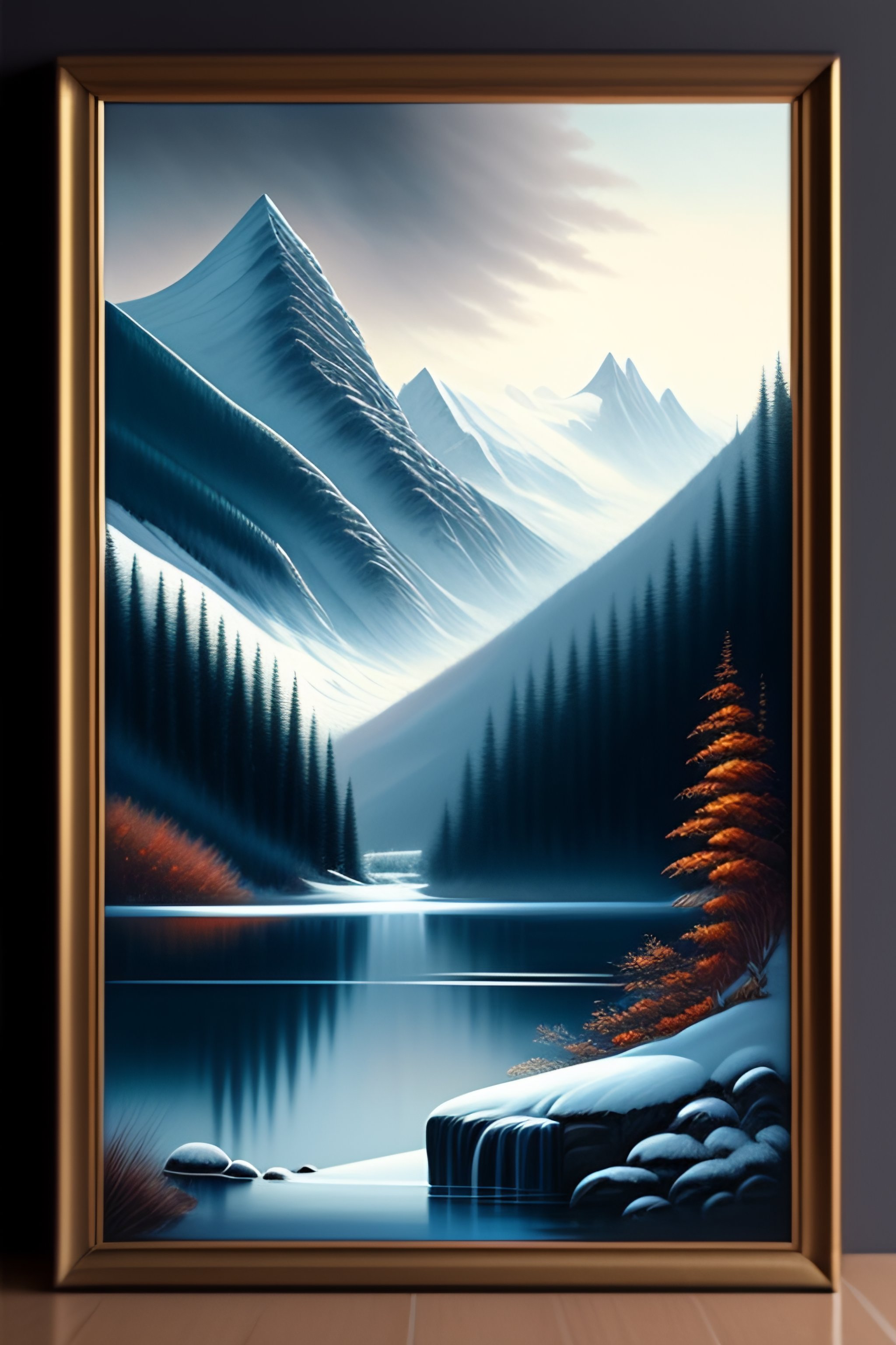 Lexica - A lake and mountain view with a waterfall and moody sky in ...
