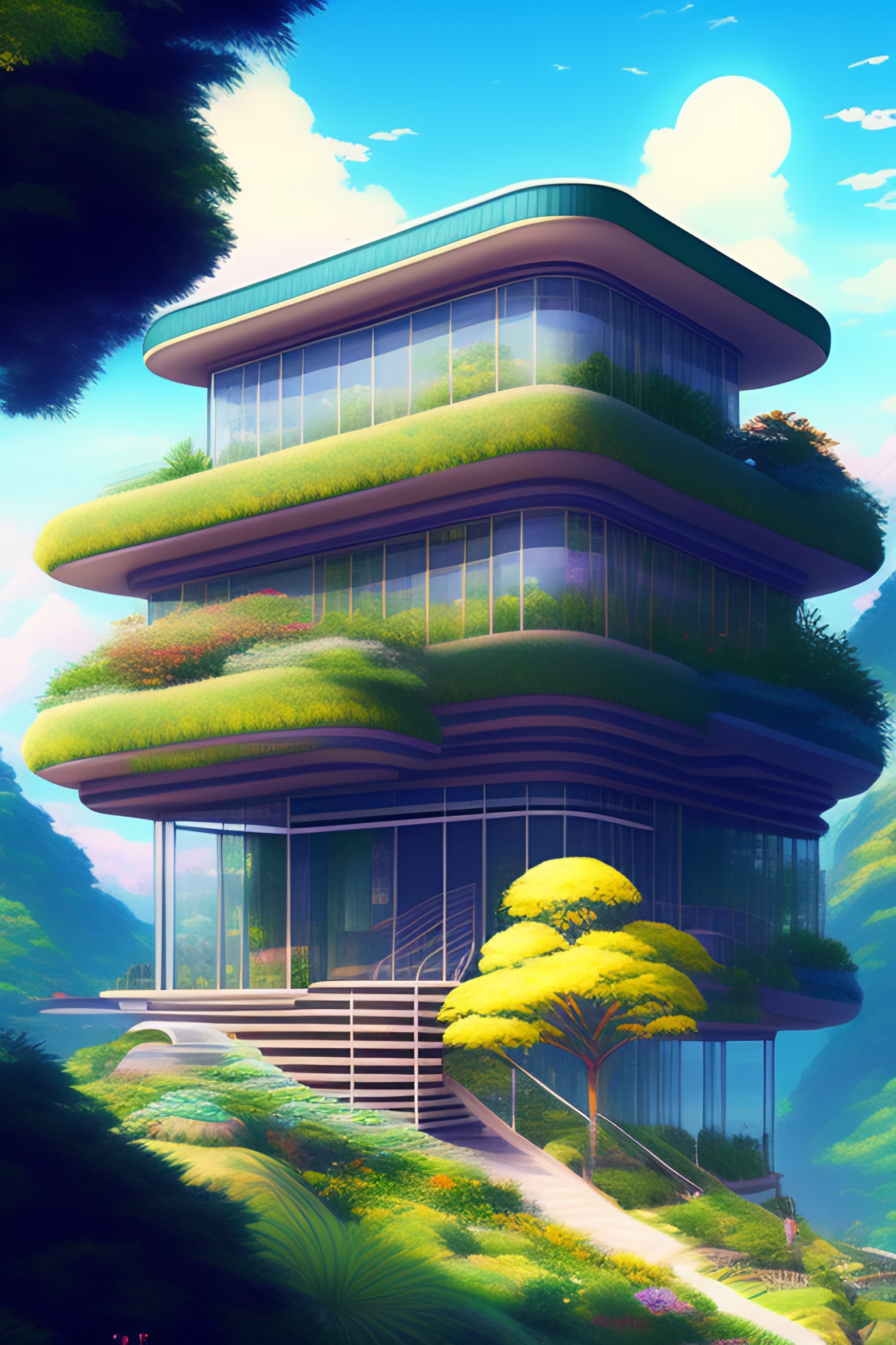 Lexica Realistic Solarpunk utopian house, from the roof, many trees