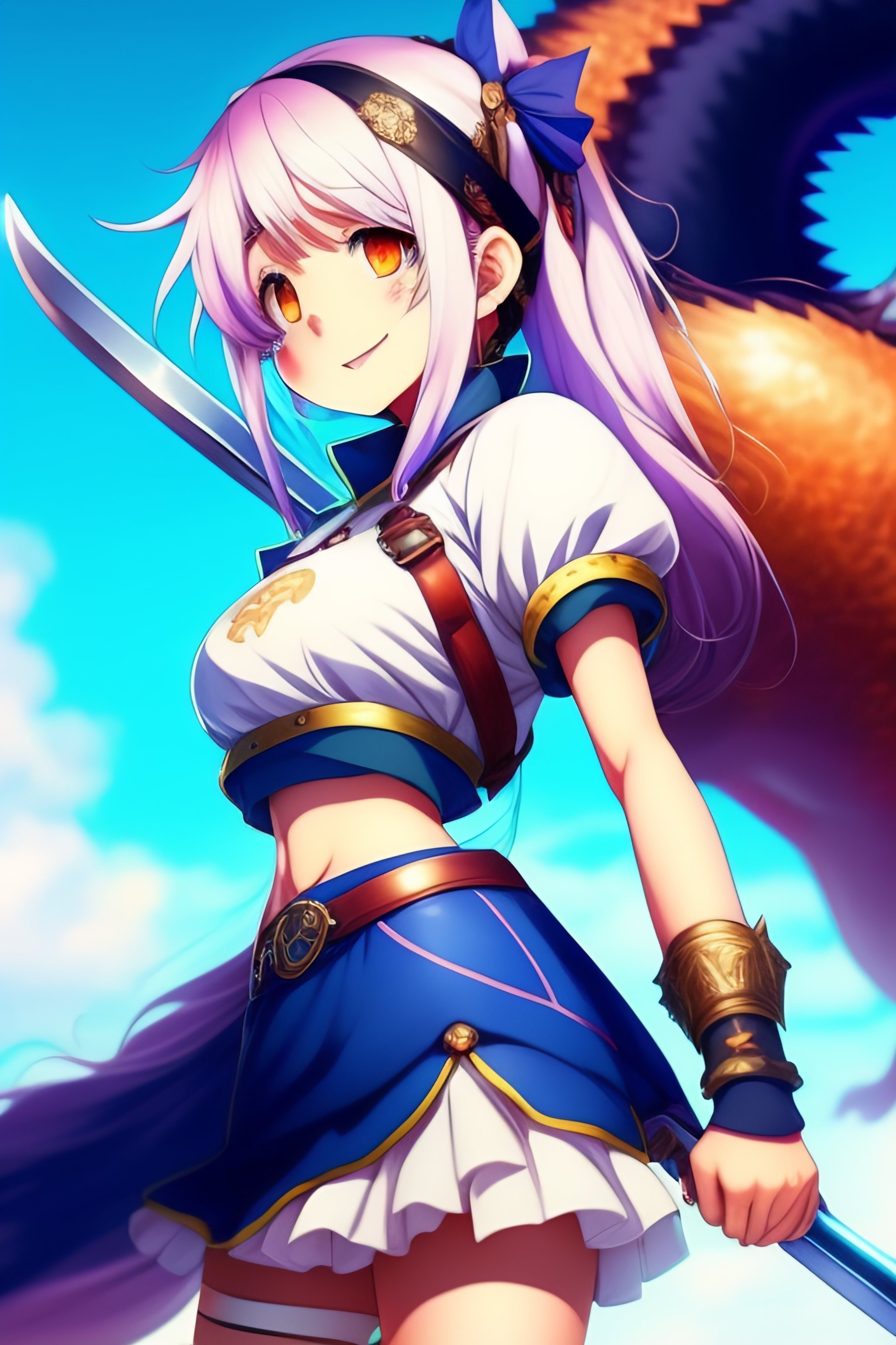 Lexica - Young anime girl, belly, short skirt, cute smile, blue hair with  braids, sporty girl, carrying a sword, riding on a dragon