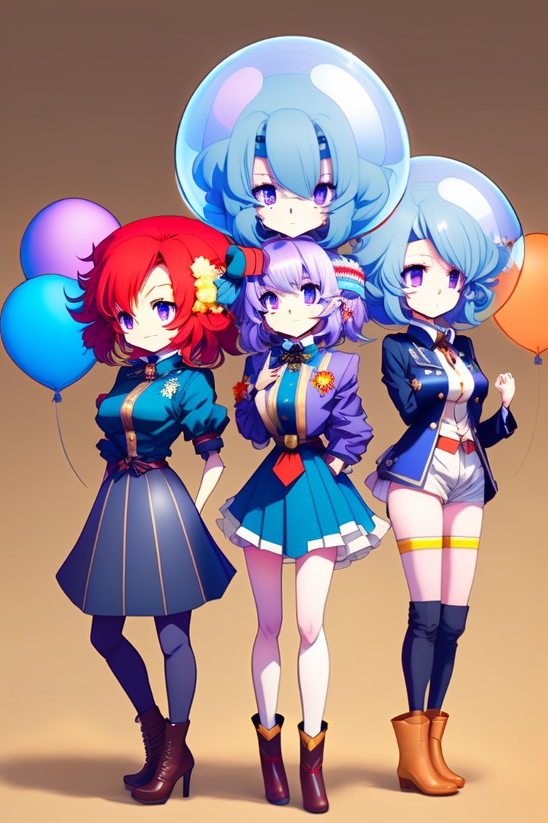 Lexica - Three anime style clown characters, two female and one male clown  all together, with balloons in the background.