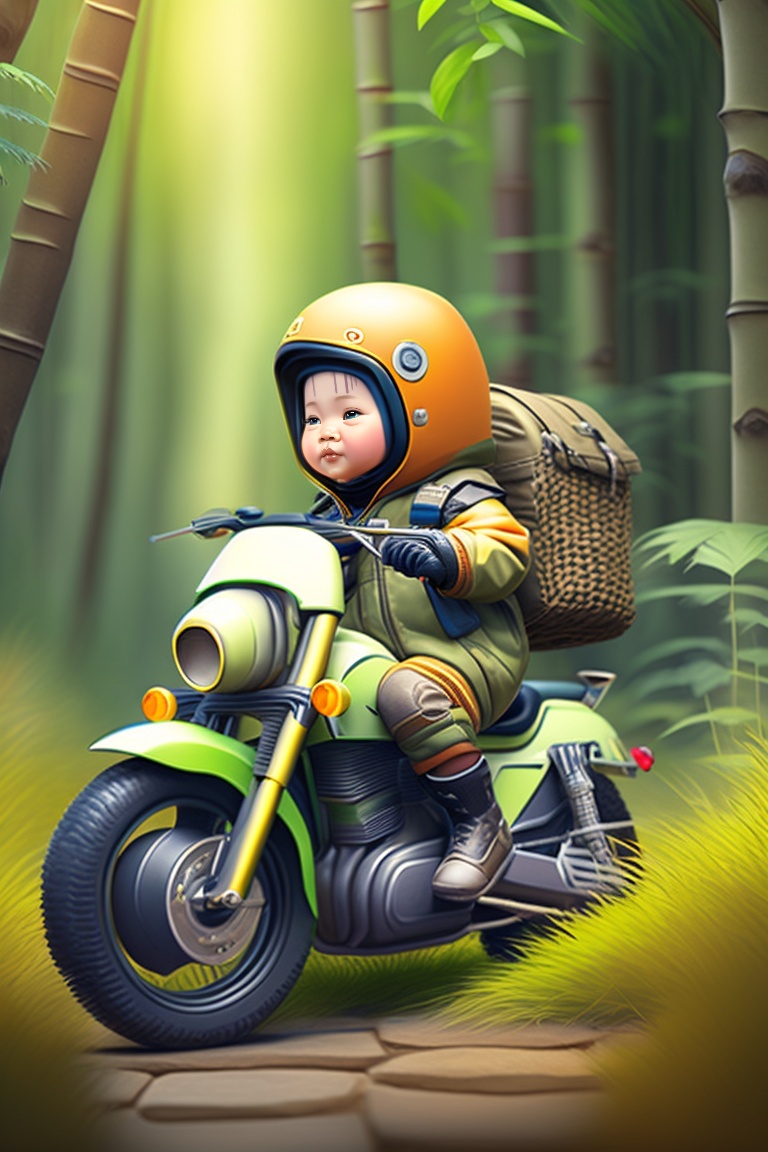 Lexica - Baby boy panda bear ride motorcycle in the thick bamboo forest ...