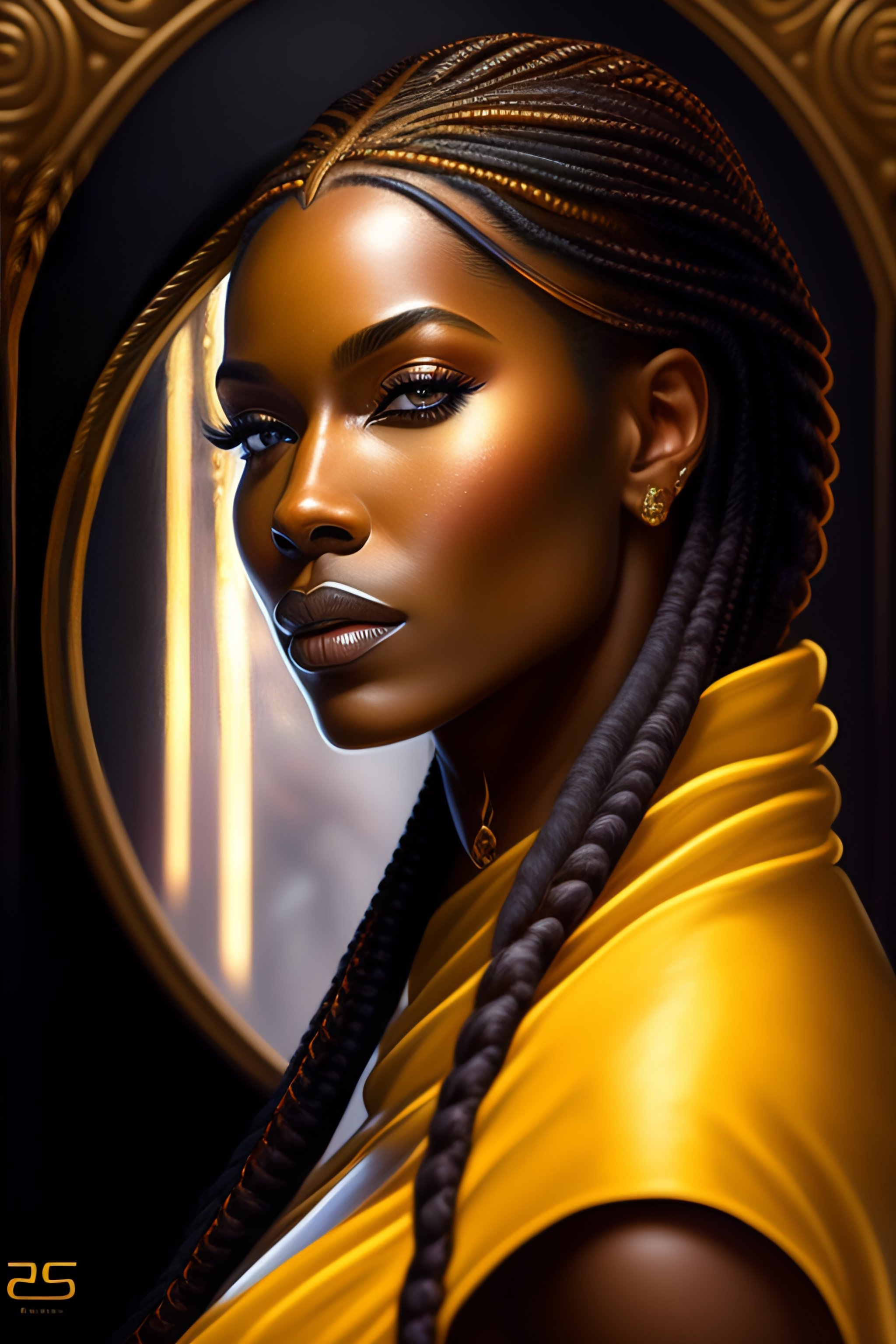 Lexica - A woman with long braids standing in front of a mirror, a ...