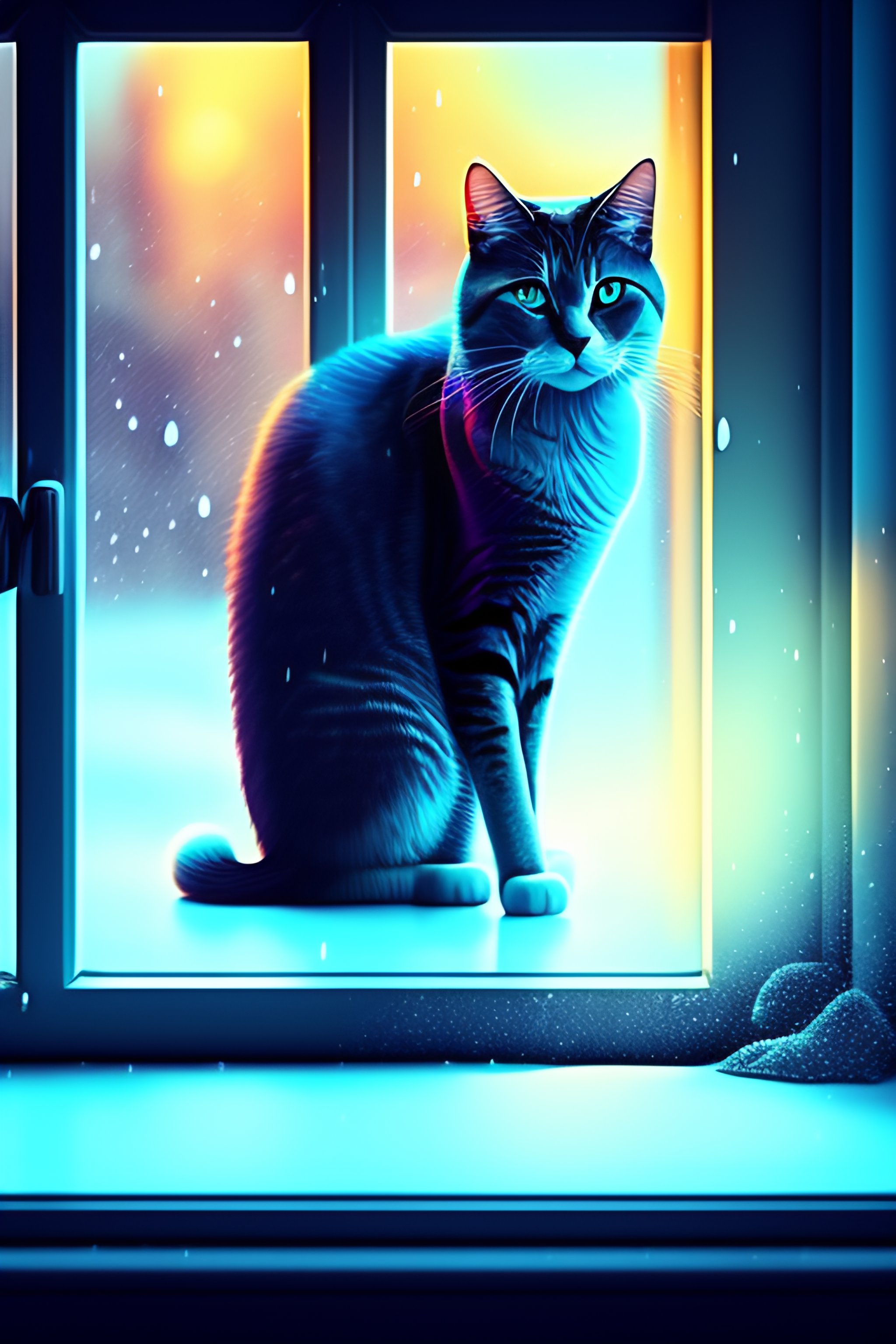 Lexica - Neon style lofi artwork, cat looking outside through the ...