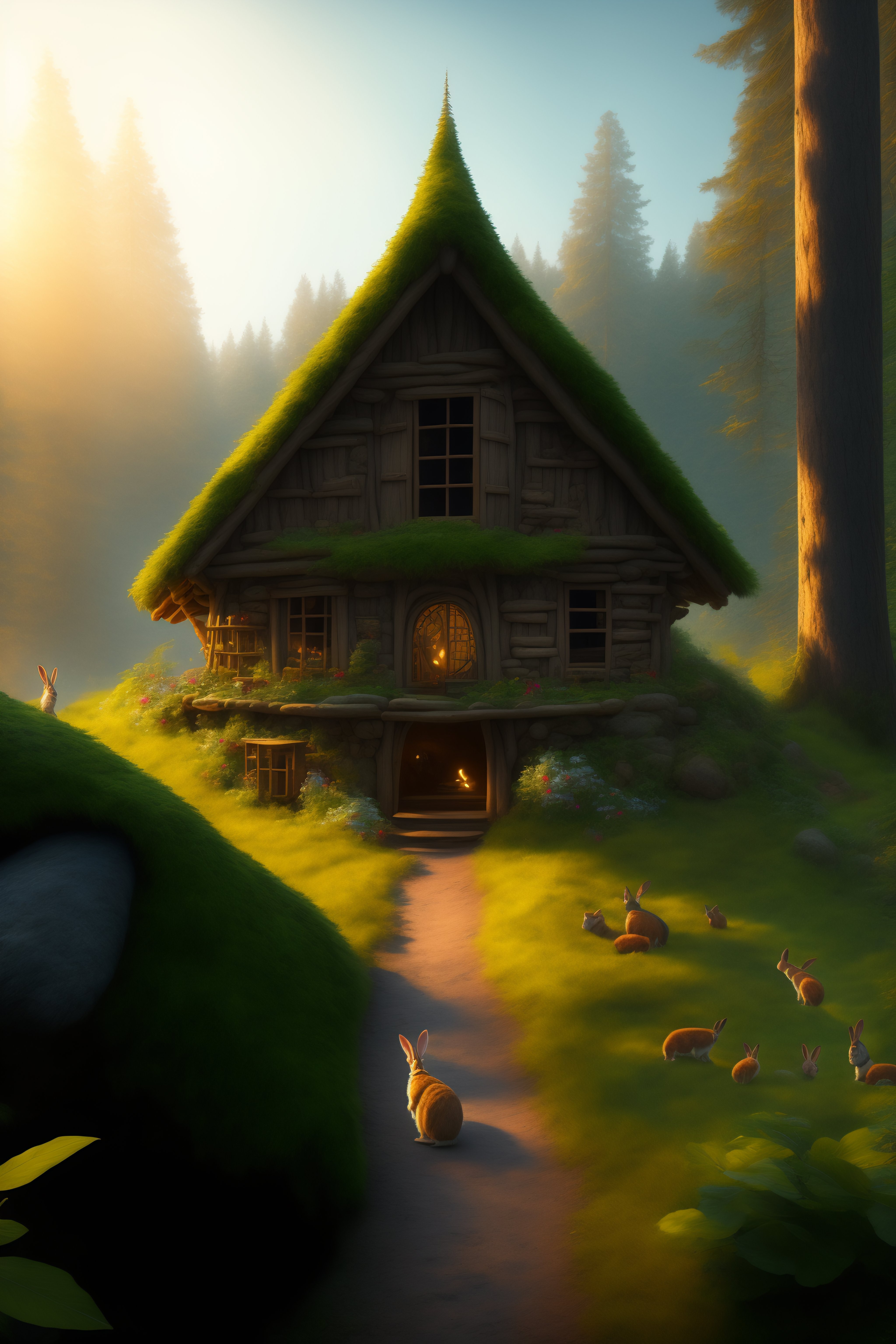 Lexica - Establishing a wide shot of Peter's rabbit home in the forest.