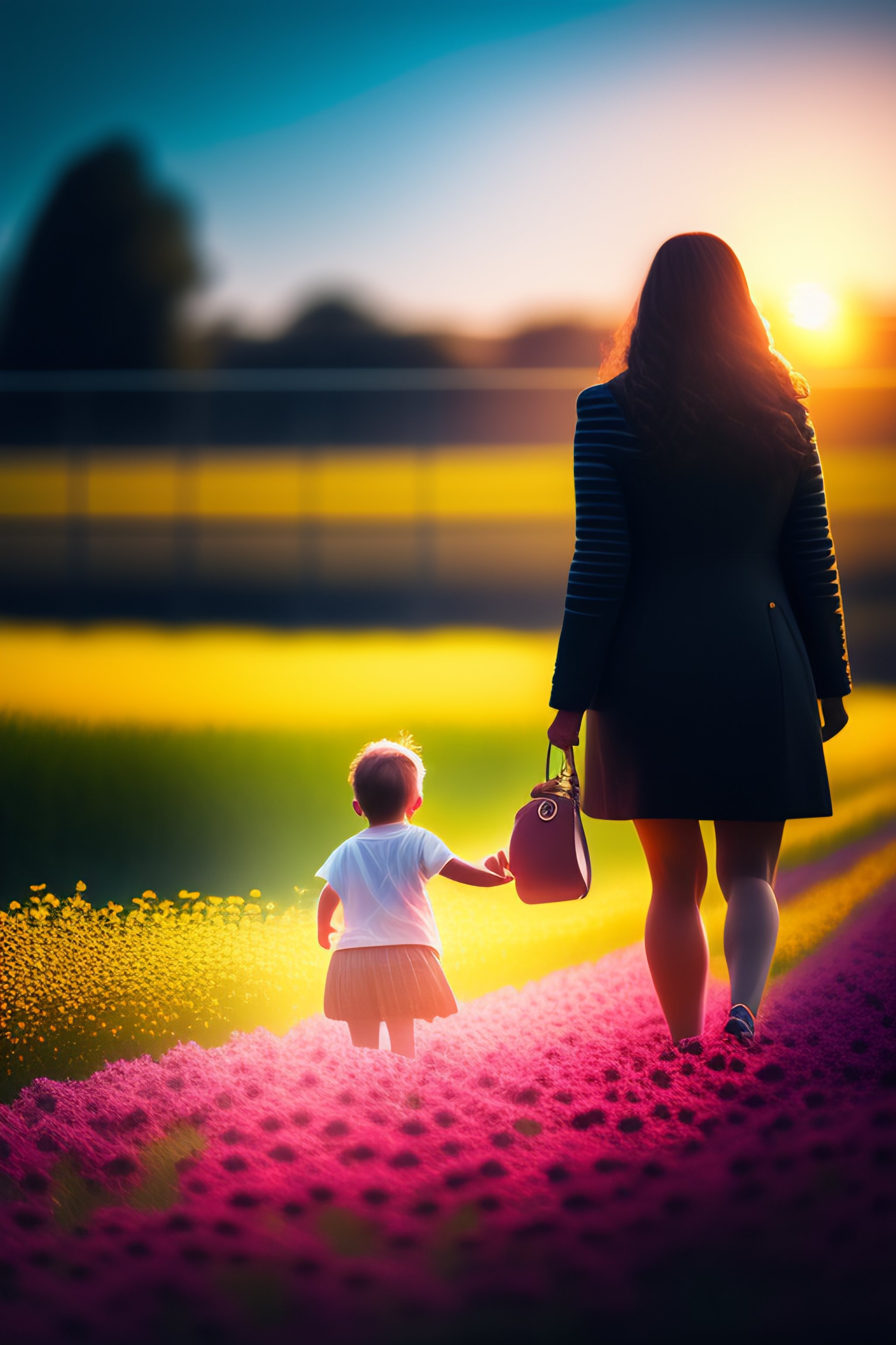 Lexica - A field full of flowers and a mother with dark hair walking ...