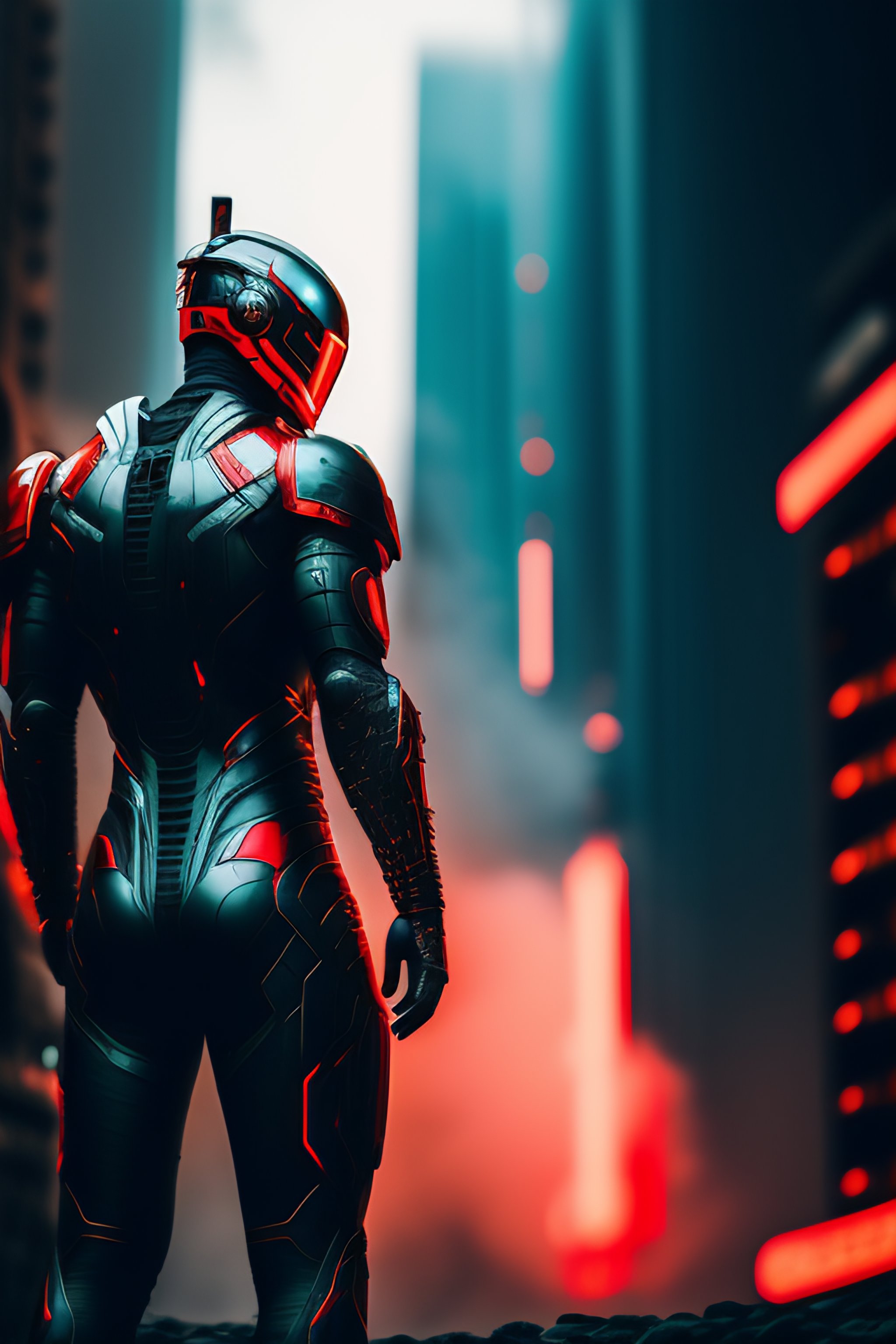 Lexica - Humanoid, Iron Suit, Cyborg Watching The City, With A Red Neon 