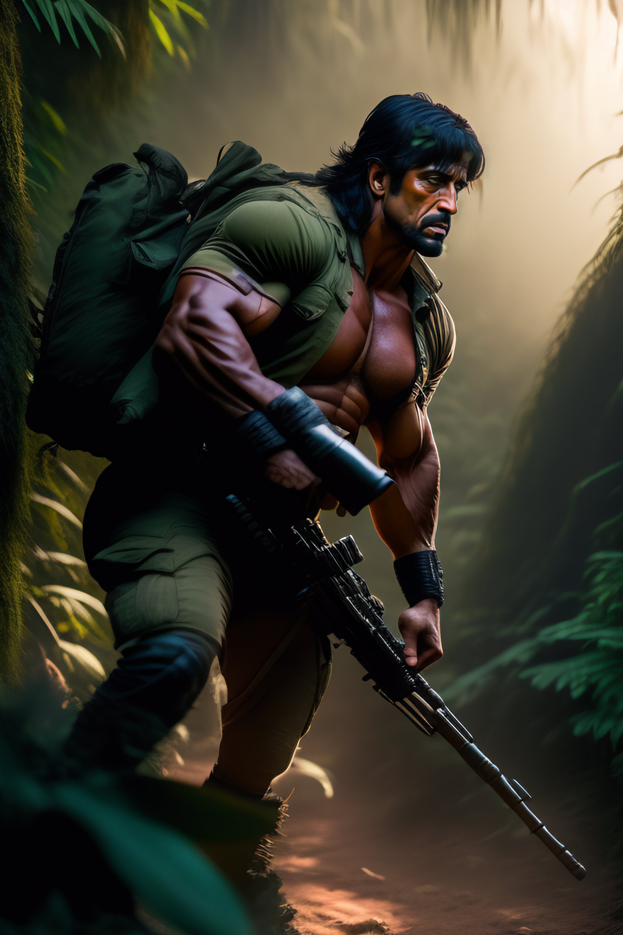 Lexica - Action shot of john rambo in a jungle, cinematic lighting ...