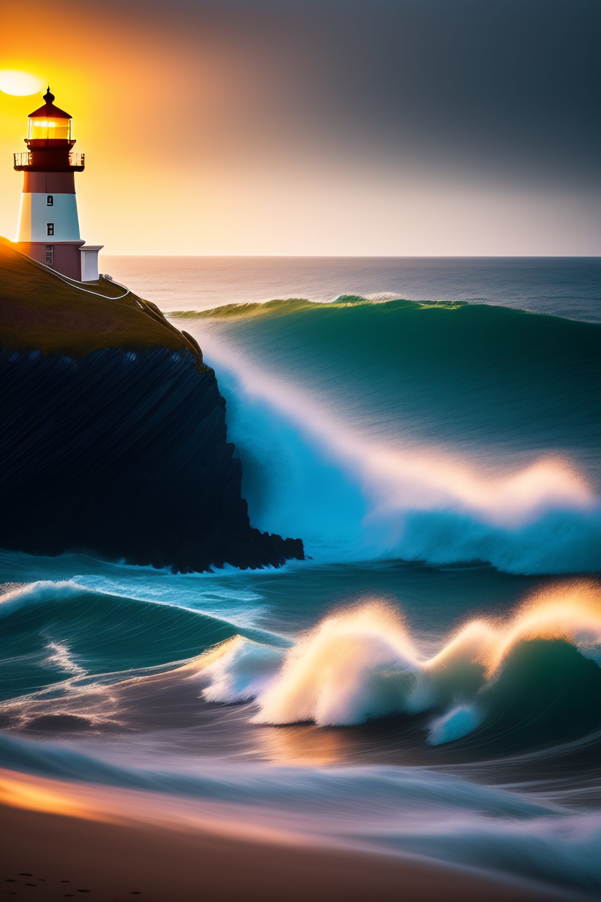 Lexica - A lighthouse in the middle of the sea, with wild sea hitting ...