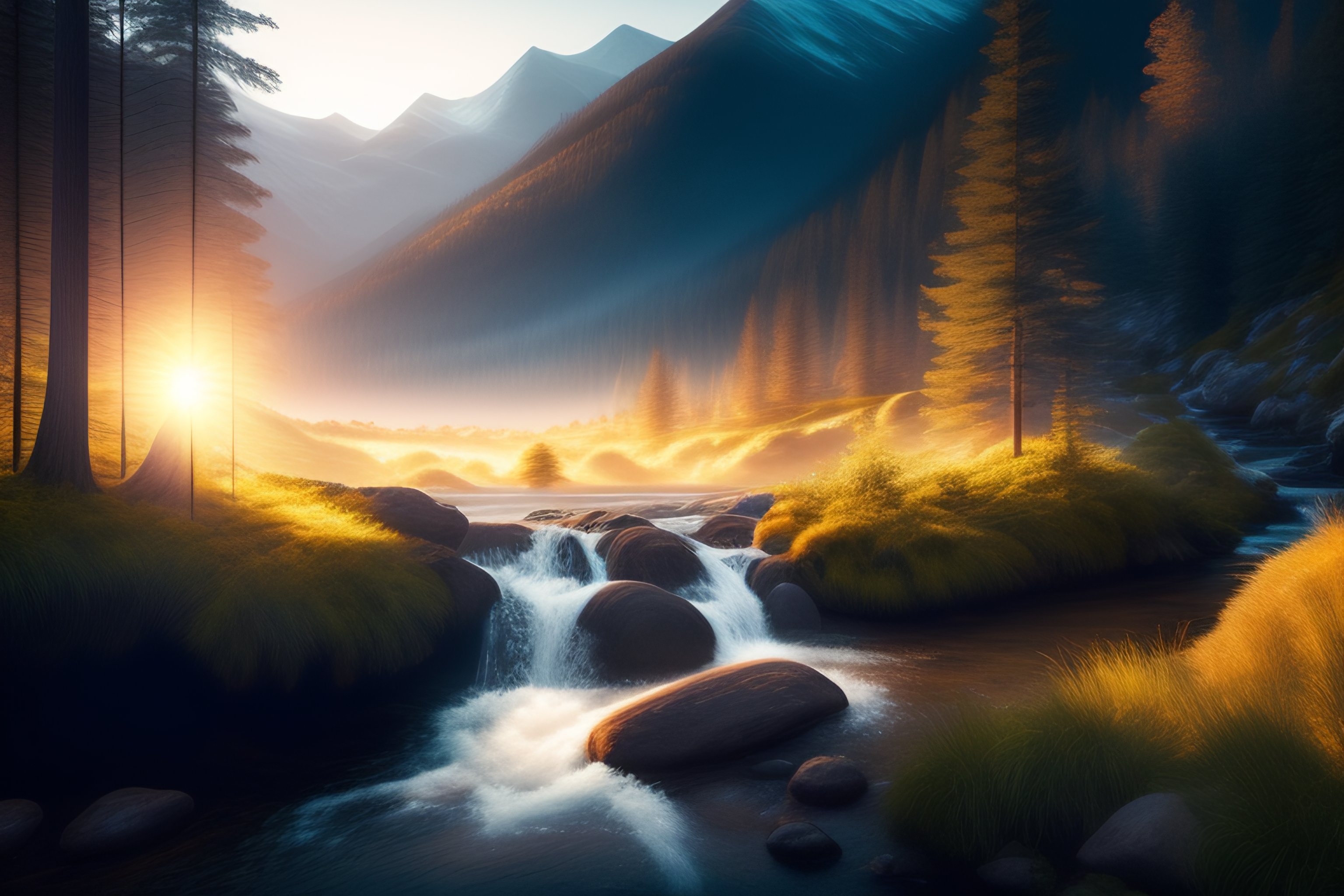 Lexica - Stream running through a mountain valley, hyper realistic, 4k ...