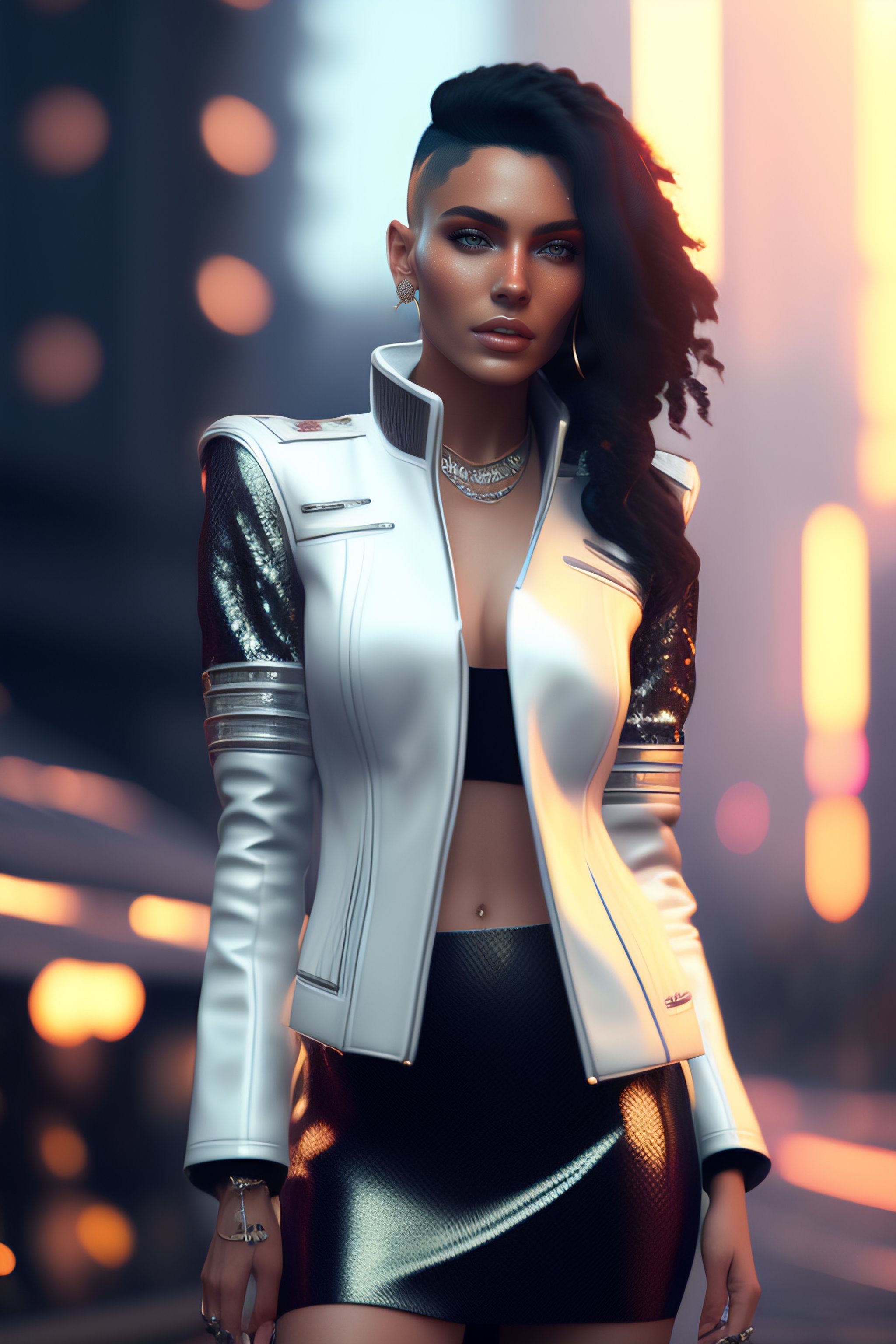 Lexica - Minimal fashion style clothes with short hair rusian girl, white  medieval leather jacket with glitters, jewels, long leather skirt,  carbonf