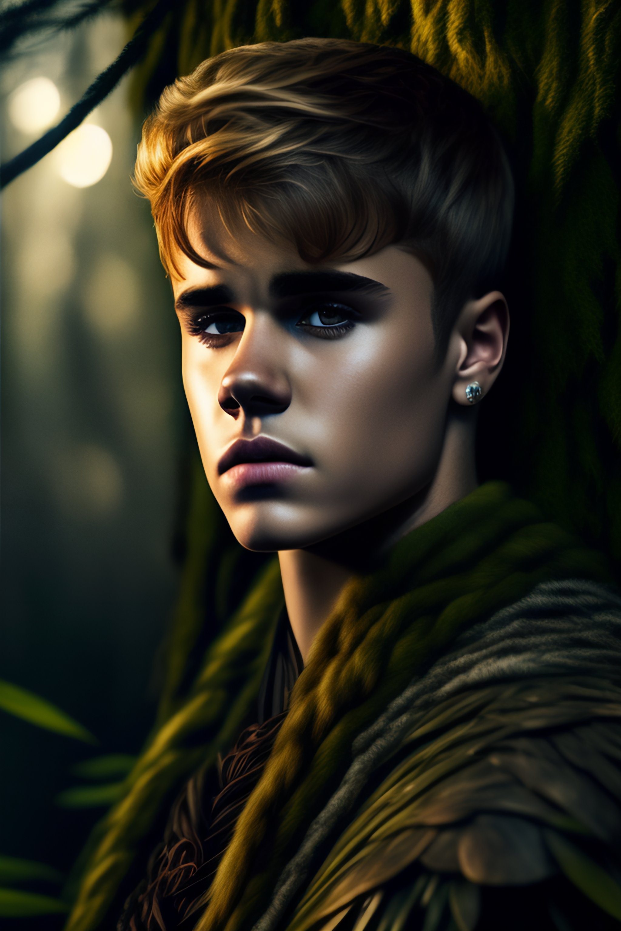 Lexica - Justin Bieber looking scared in a forest, at night, game of ...