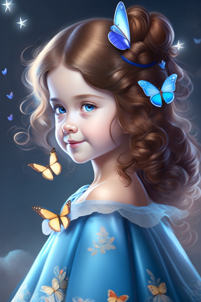 Lexica - Girl, brown, wavy hair, blue princess dress, with butterflies ...