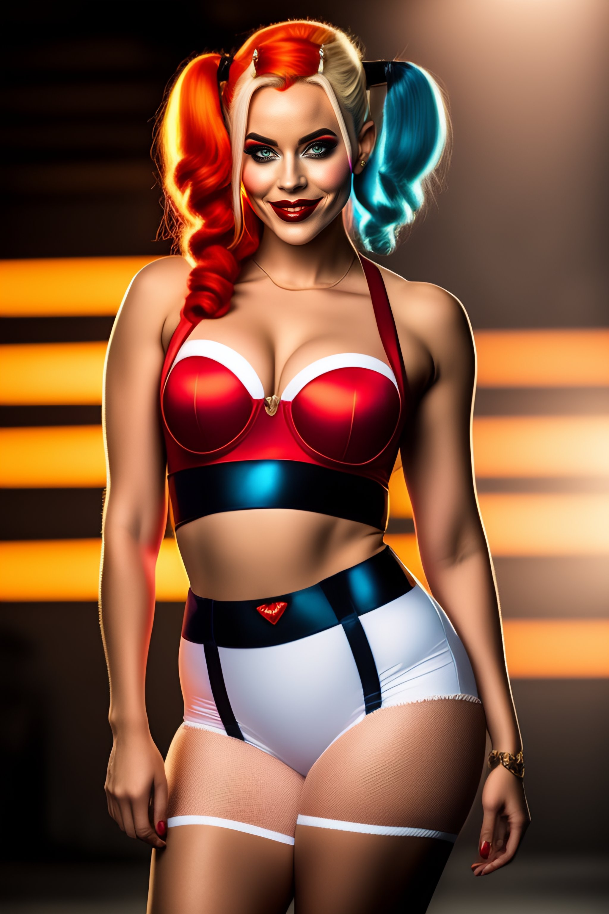 Lexica - Fullbody shot of flirty harley quinn wearing bra and hotpants,  realistic, professional photo