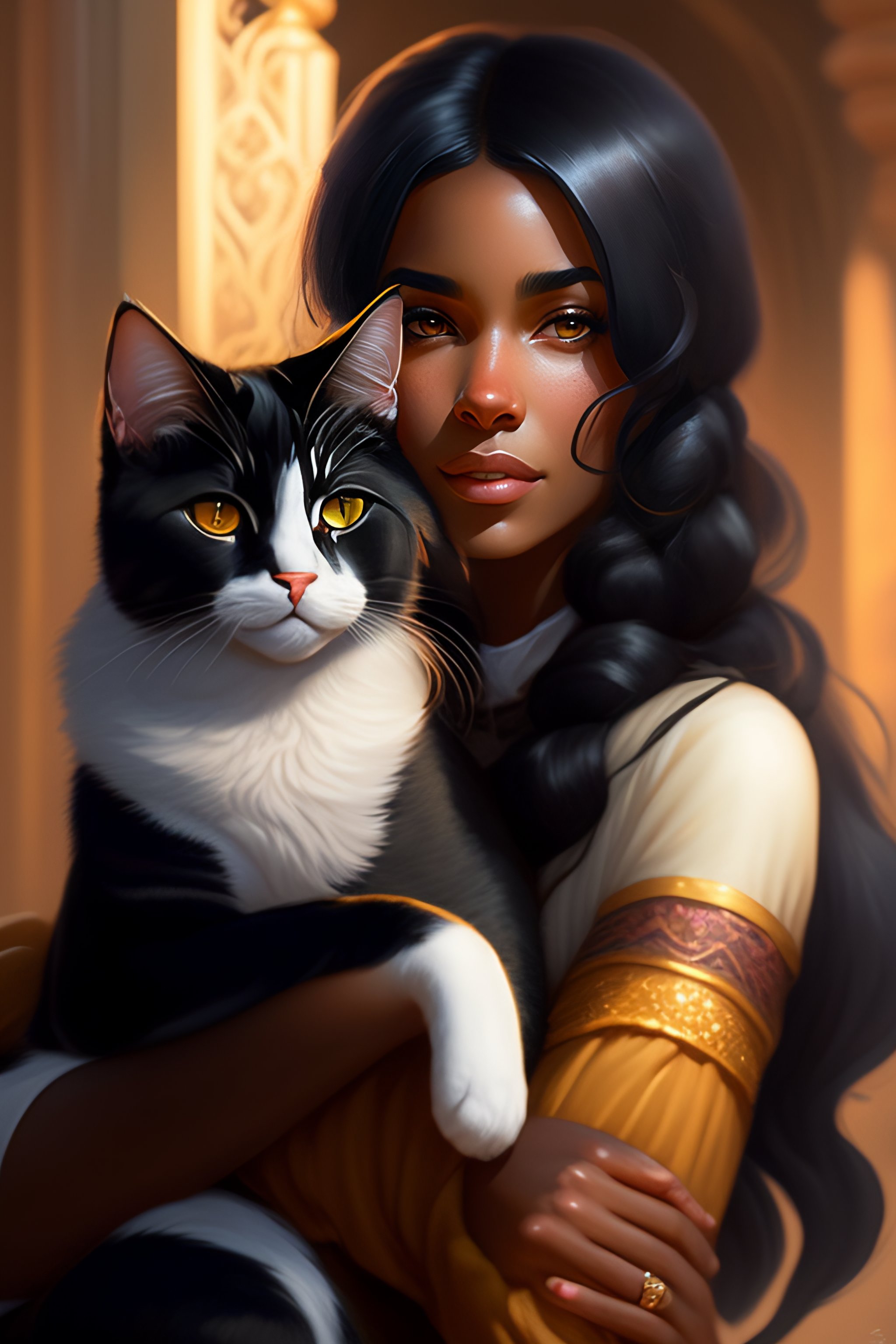 Lexica - A detailed portrait of a cute black hair woman hugging a tabby ...