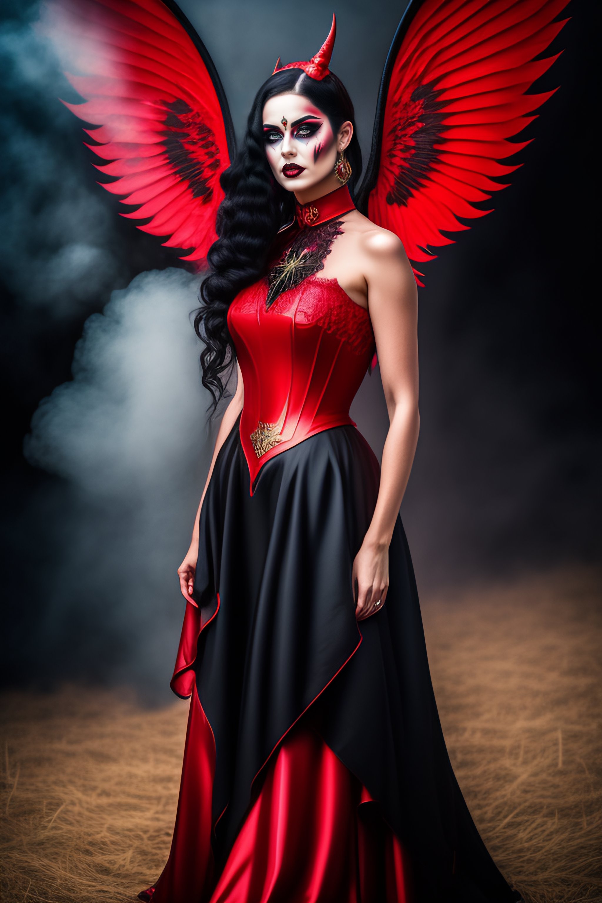 Lexica - Black Metal Girl, devil Makeup, realistic detailed, beautiful  gorgeous, red art nouveau dress, proportional body, Nikon 70-200mm f2.8G,  fir...