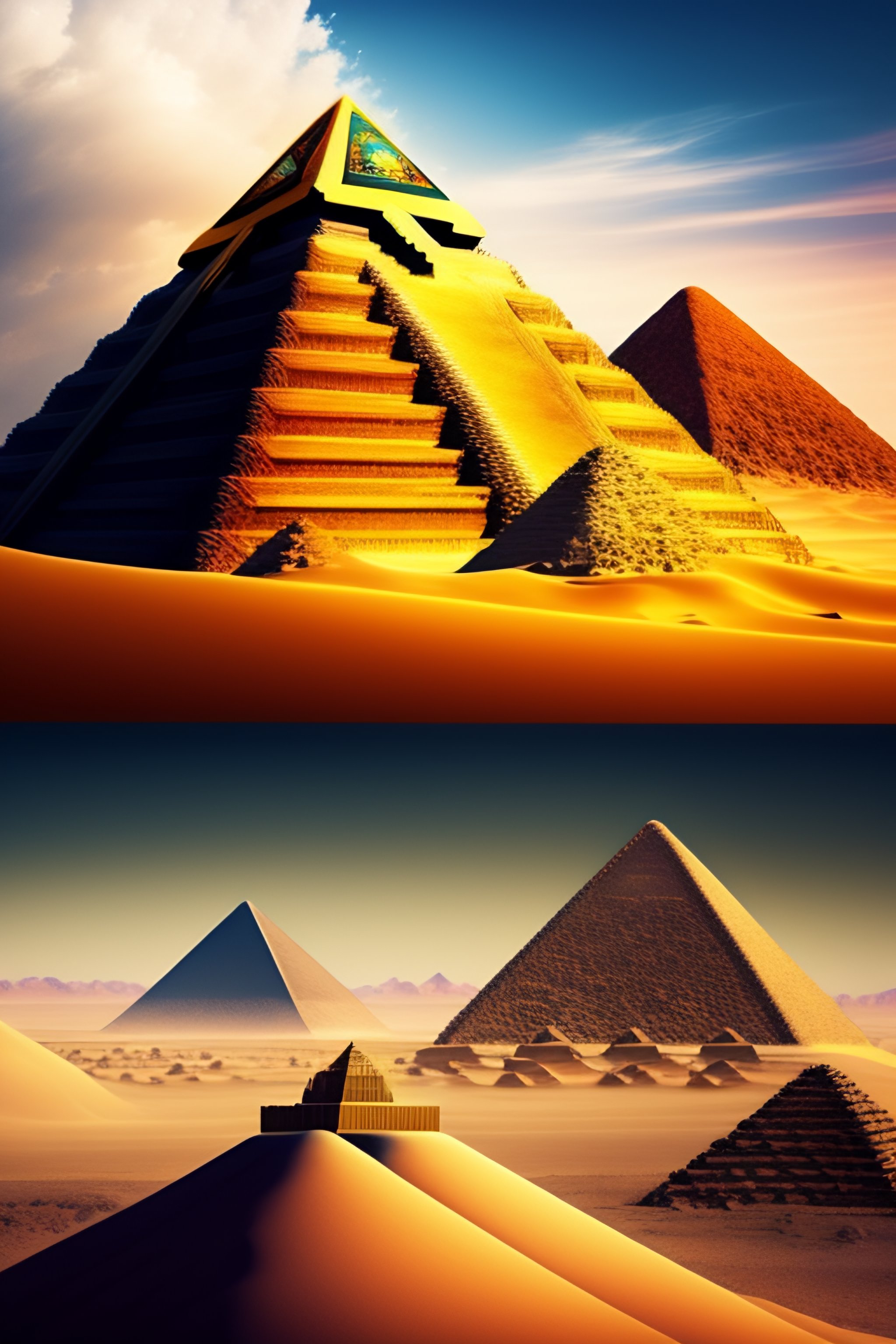 Lexica - Pyramids and a gold temple in a desert and immortal Gods
