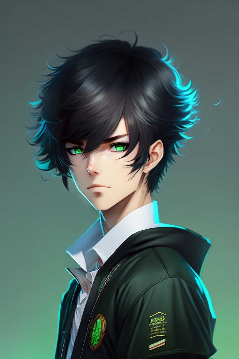 anime boy with black hair and green eyes