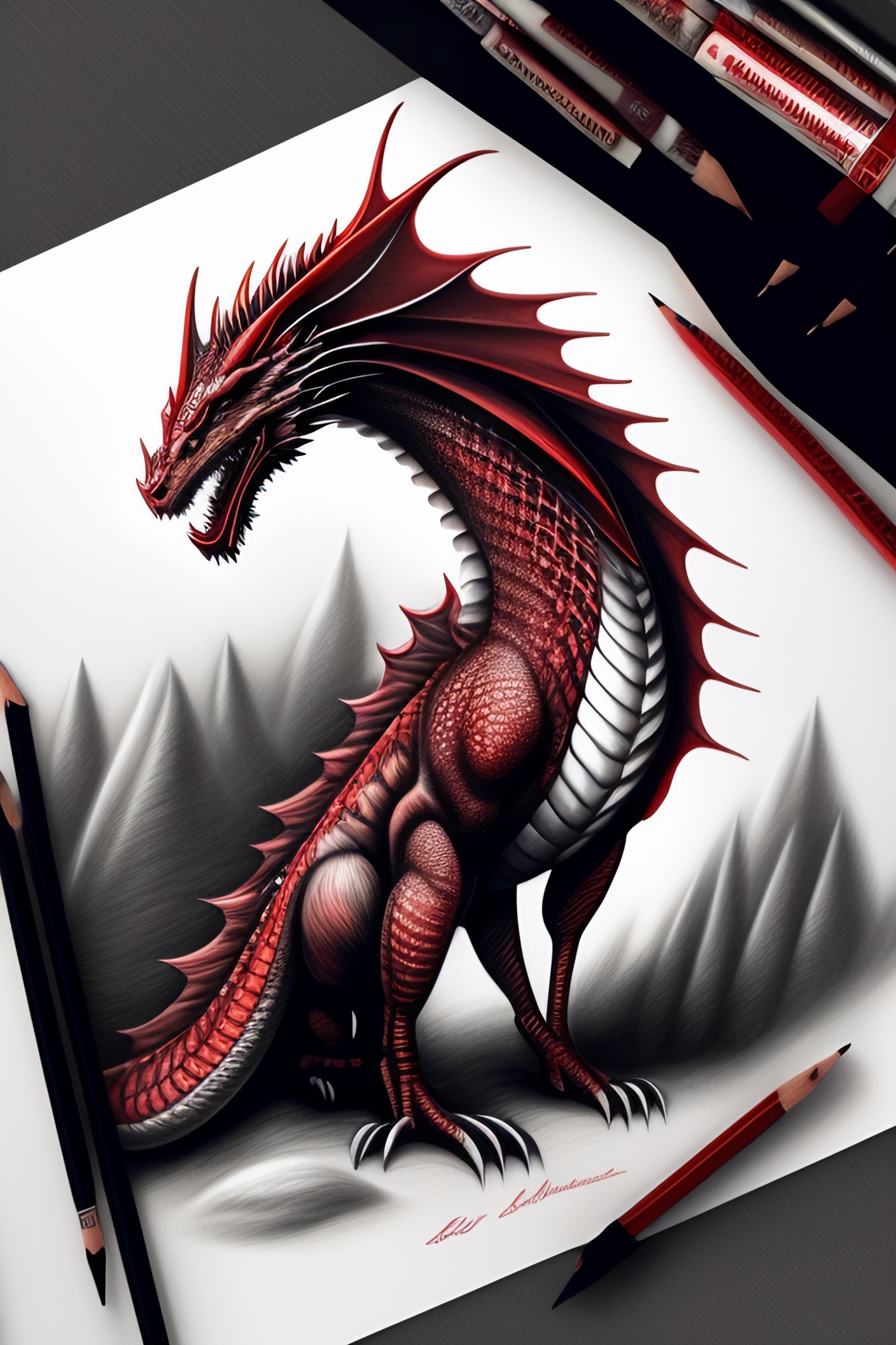 Lexica - Dragon , pencil drawing, fine details, red and grey, full body