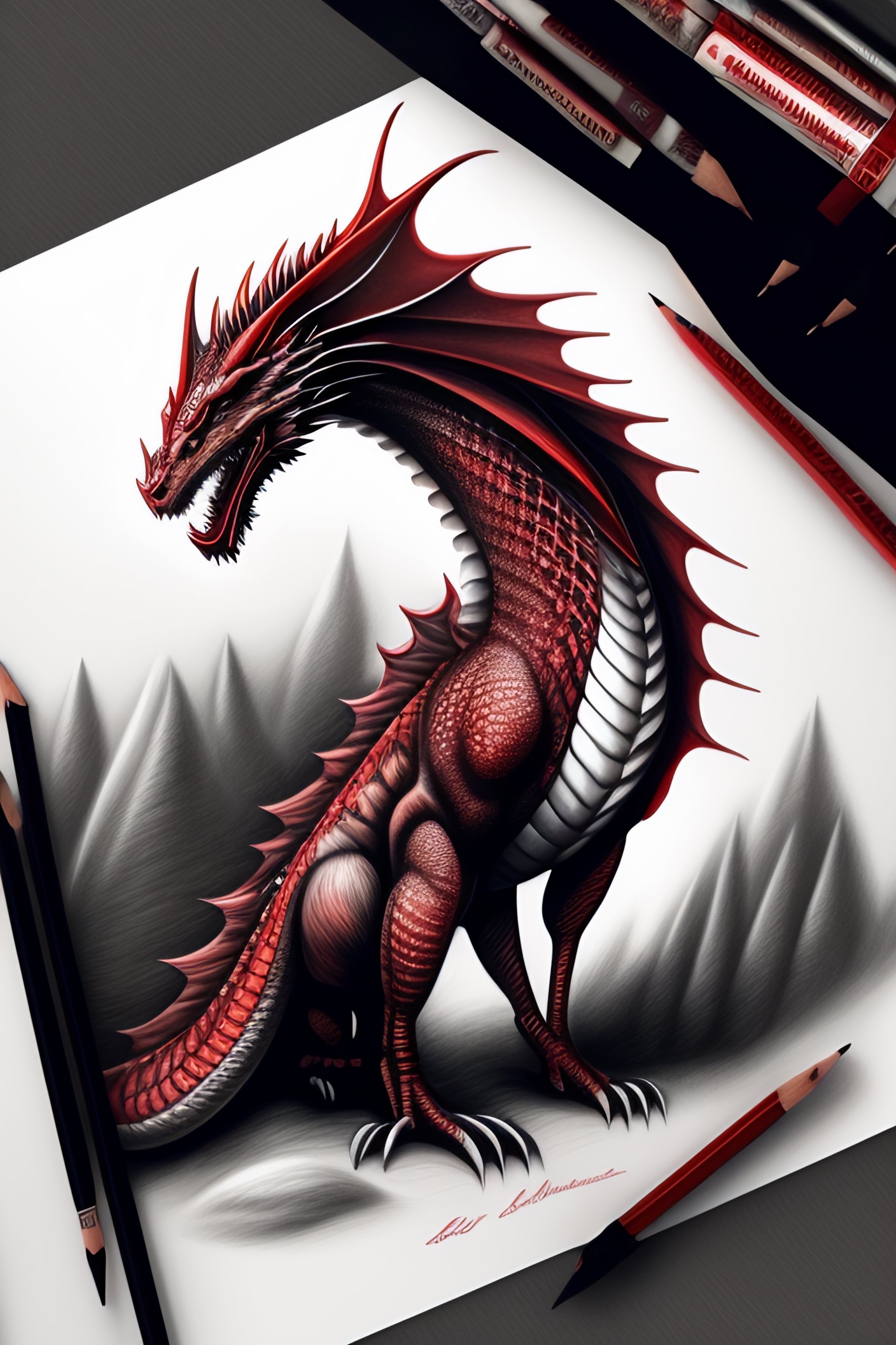 Lexica Dragon , pencil drawing, fine details, red and grey, full body