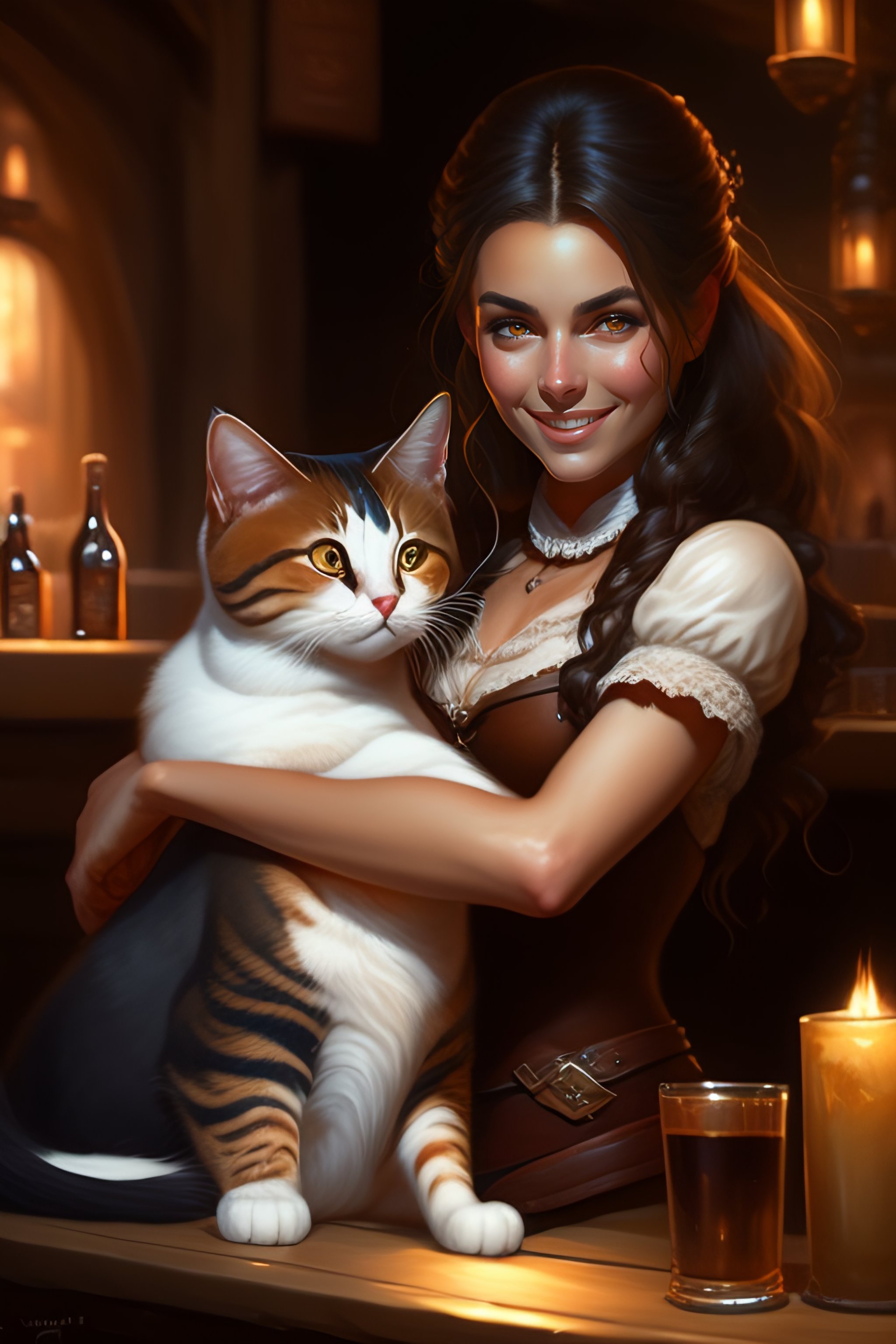 Lexica - A detailed portrait of a cute brunette girl hugging a tabby ...