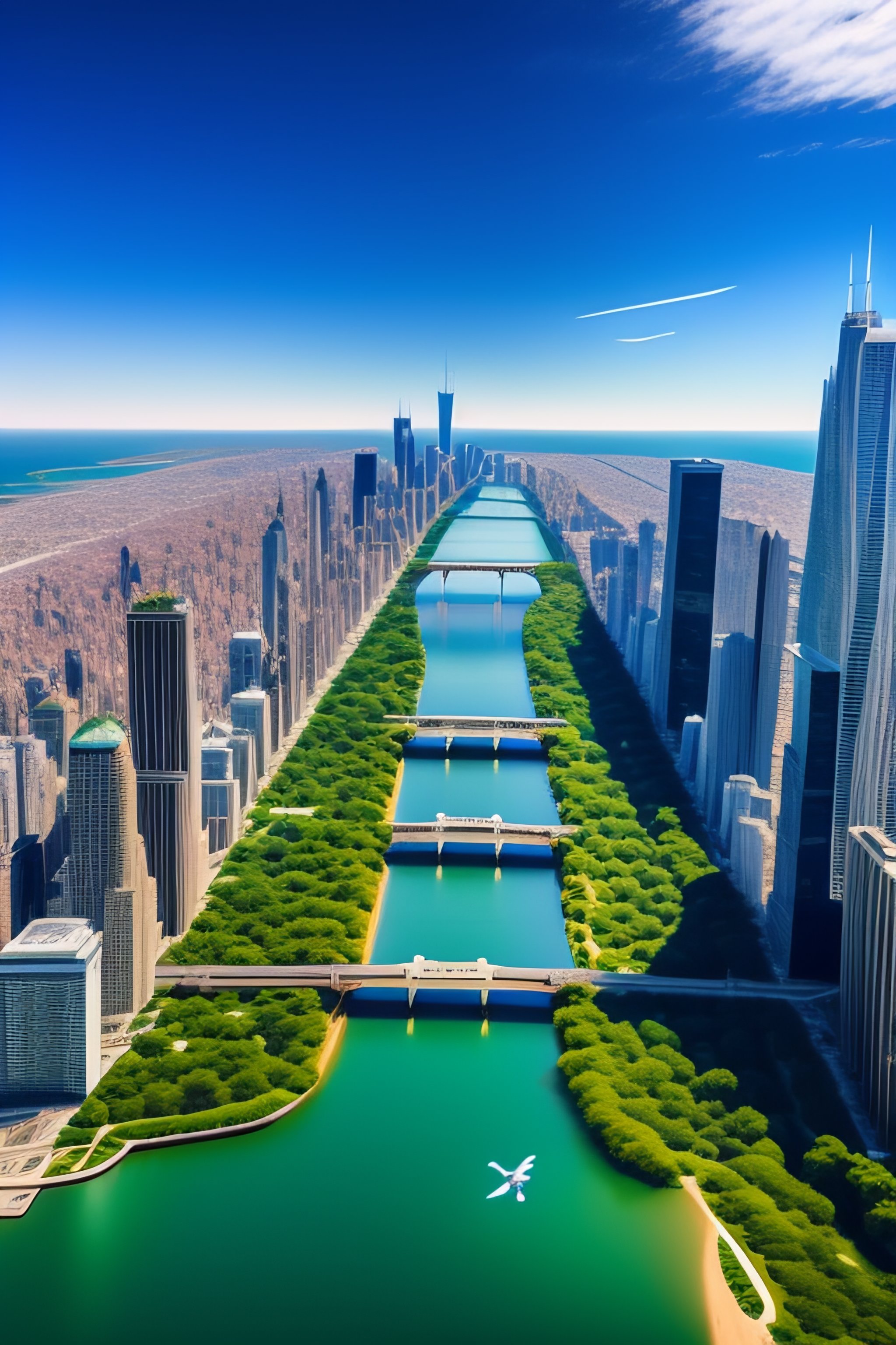 Lexica Bird's eye view of chicago skyline archipelago famous bridges