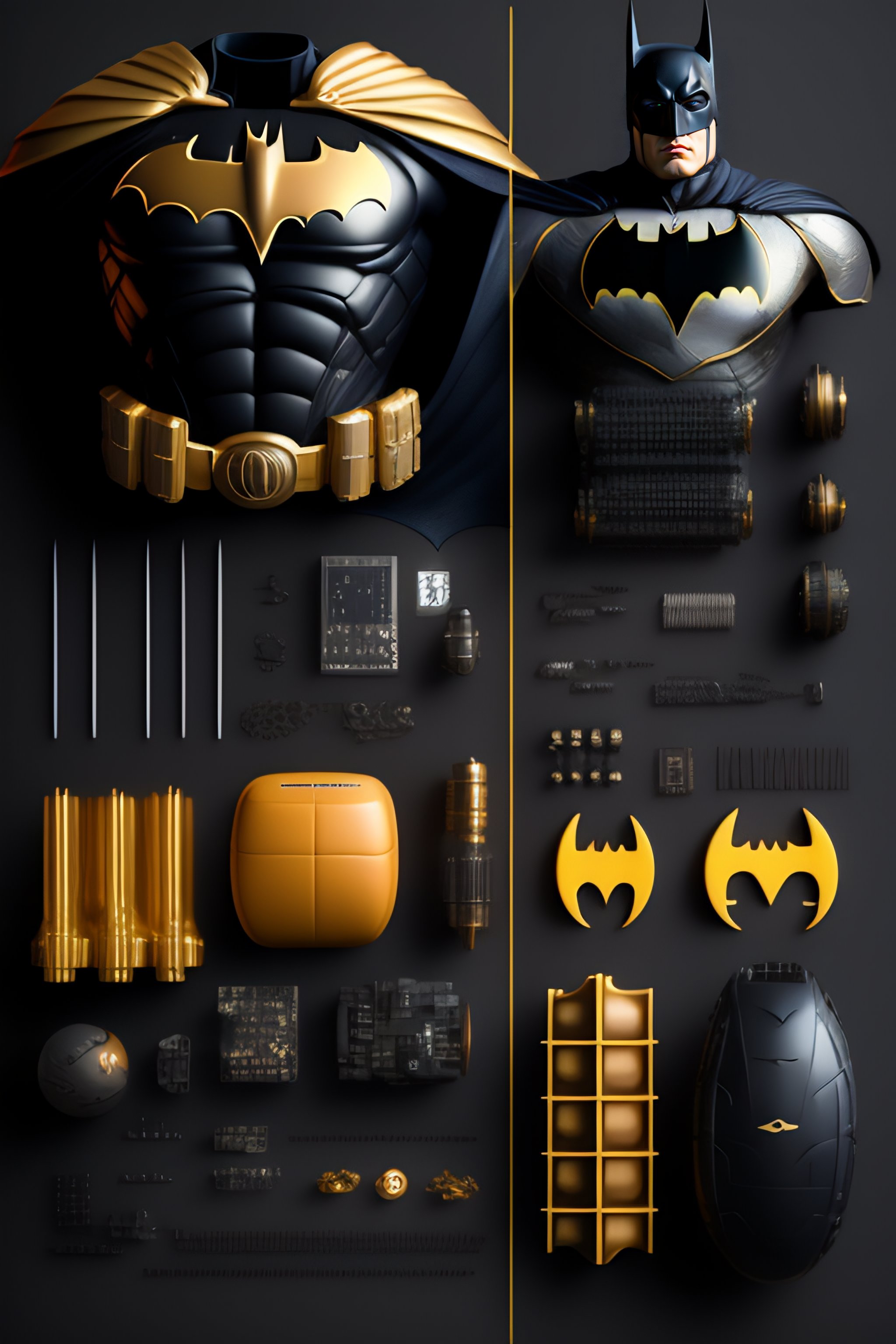 Lexica - Batman suit, Costumes and mechanical parts, Knolling, Knolling ...