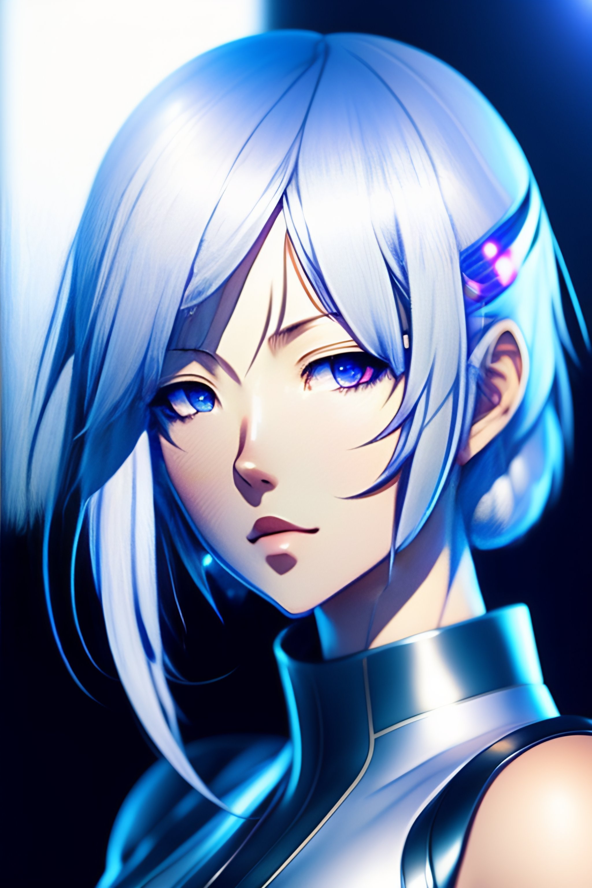 Lexica - Young adult Anime android girl with silver hair, blue eyes ...