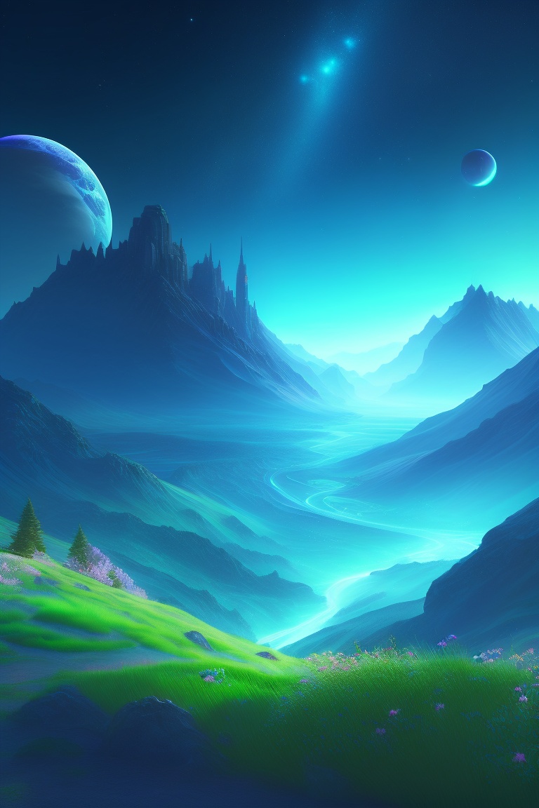 Lexica Scifi city at vast green and blue valley, sky full of stars