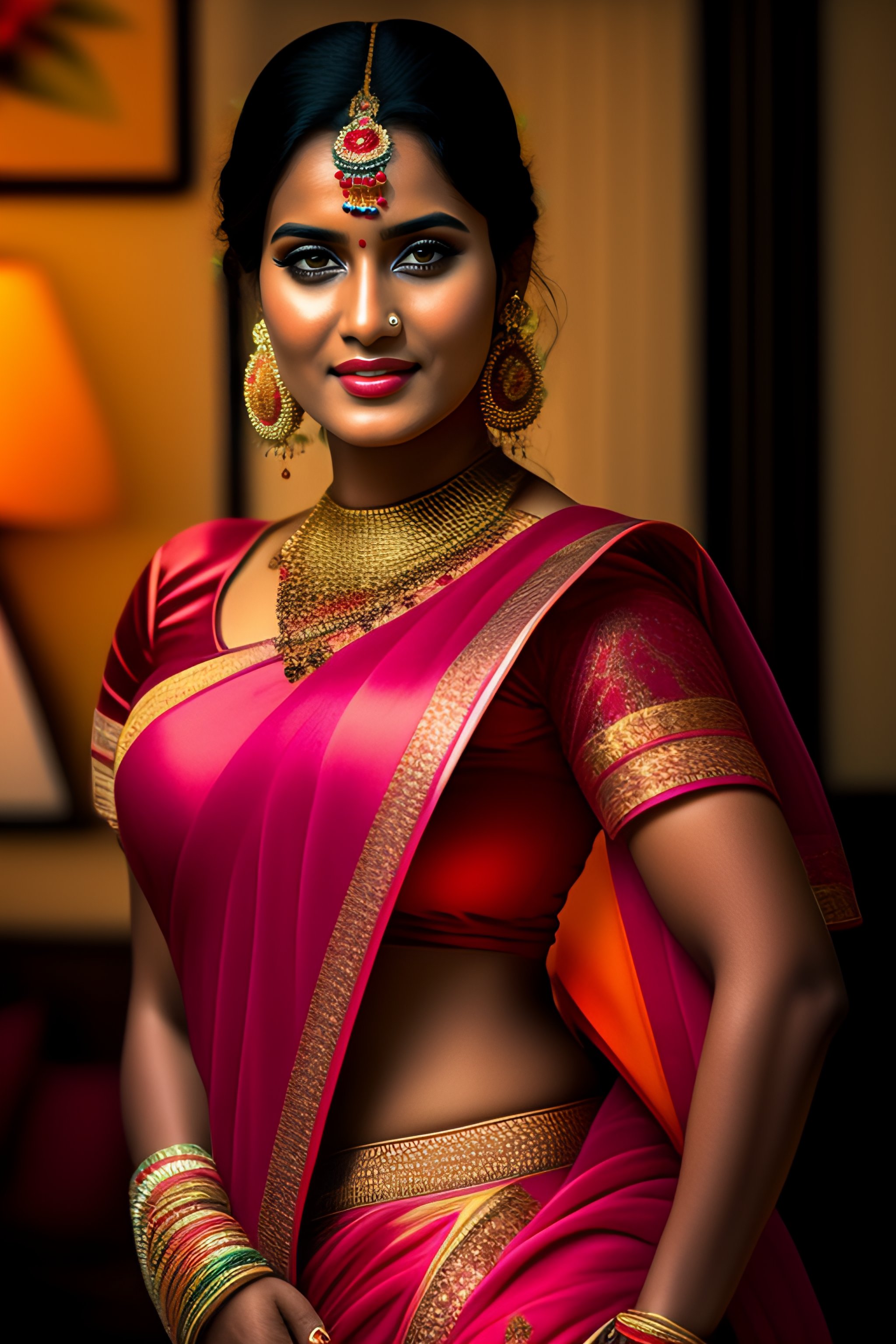 Lexica - Young north indian woman in a saree, massive downblouse, fit body,  wearing saree, wearing kebama