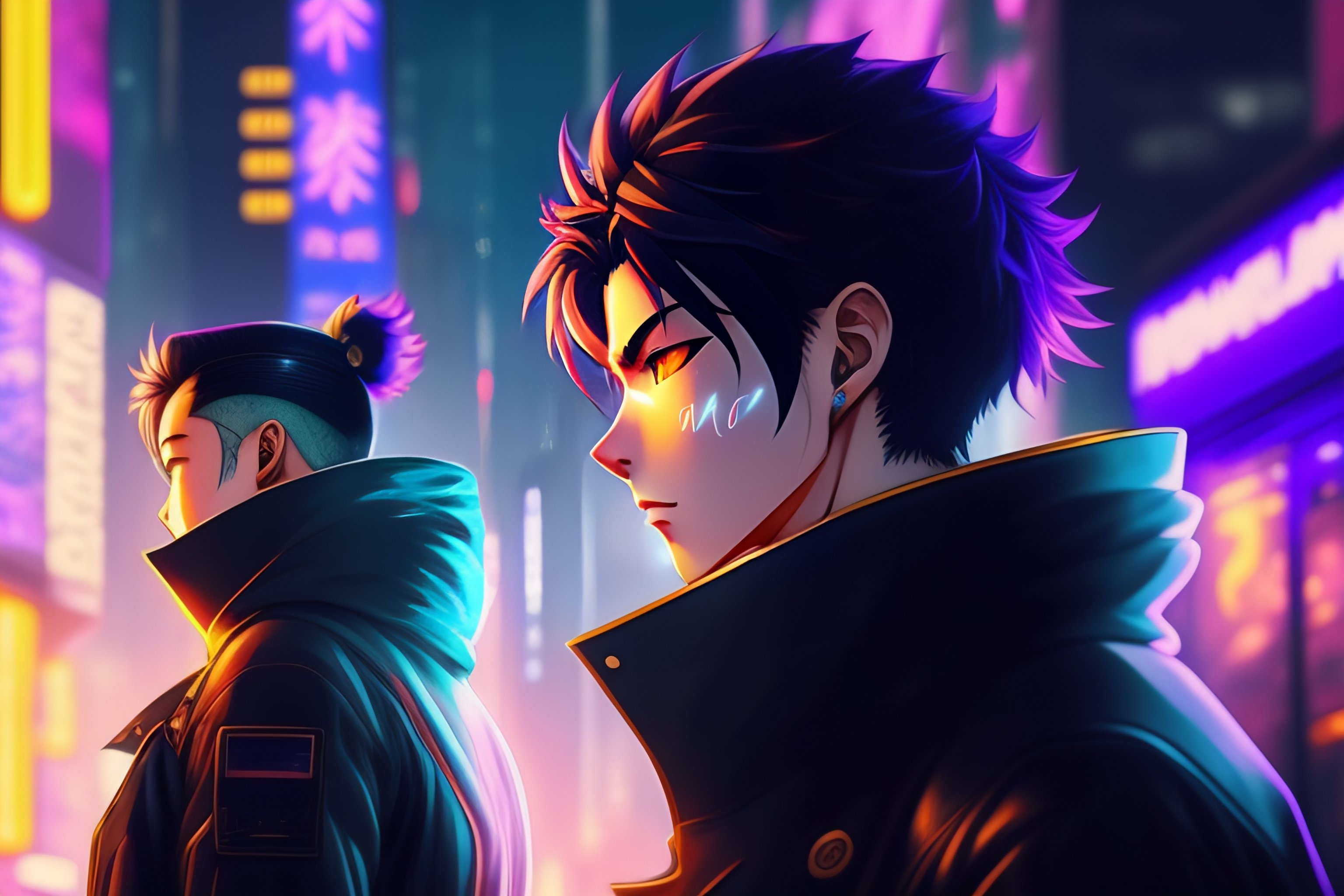 Lexica - Anime men listen elctronic music in a cyberpunk city in the night