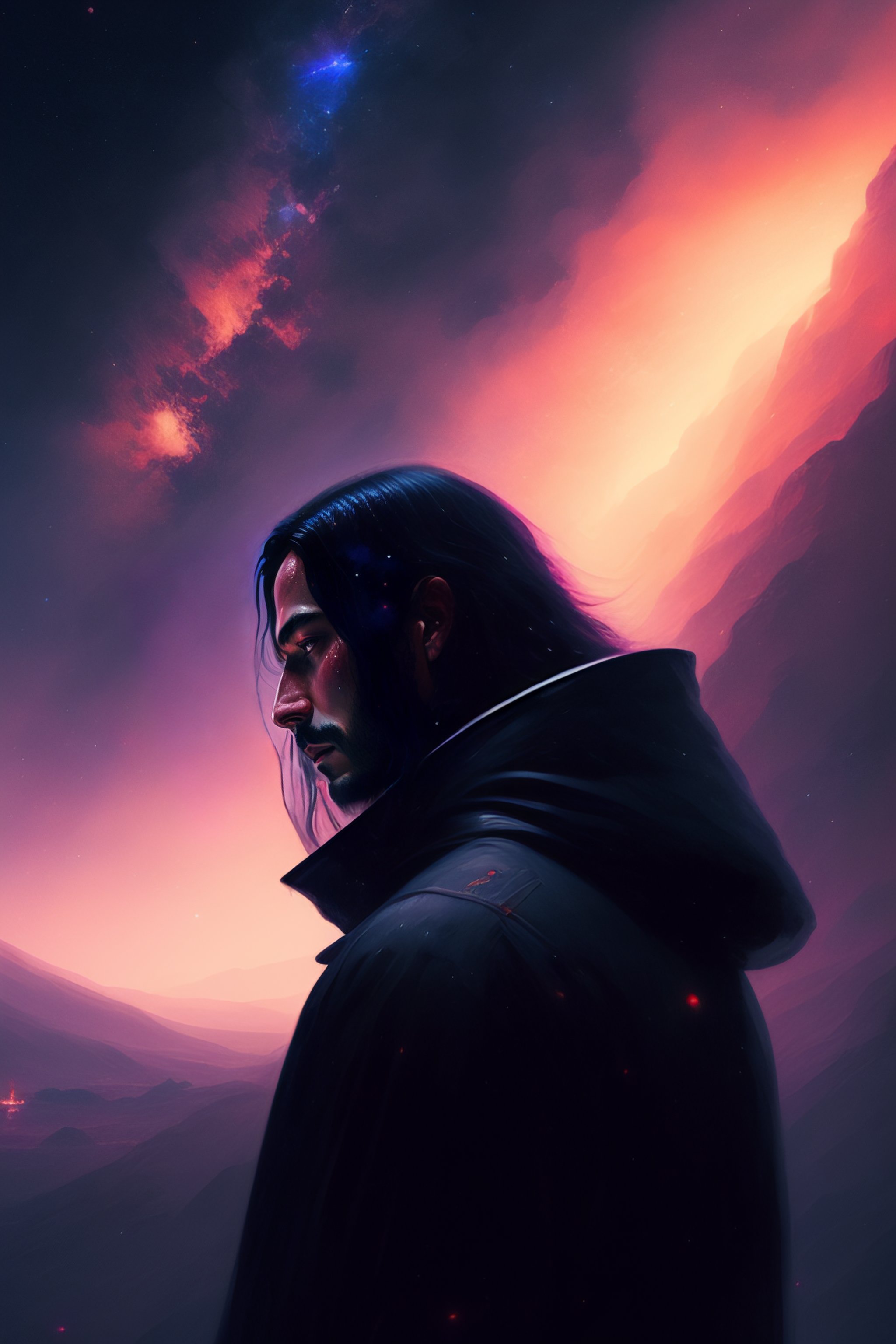 Lexica - A lonely man with long black hair looking into the deep space ...