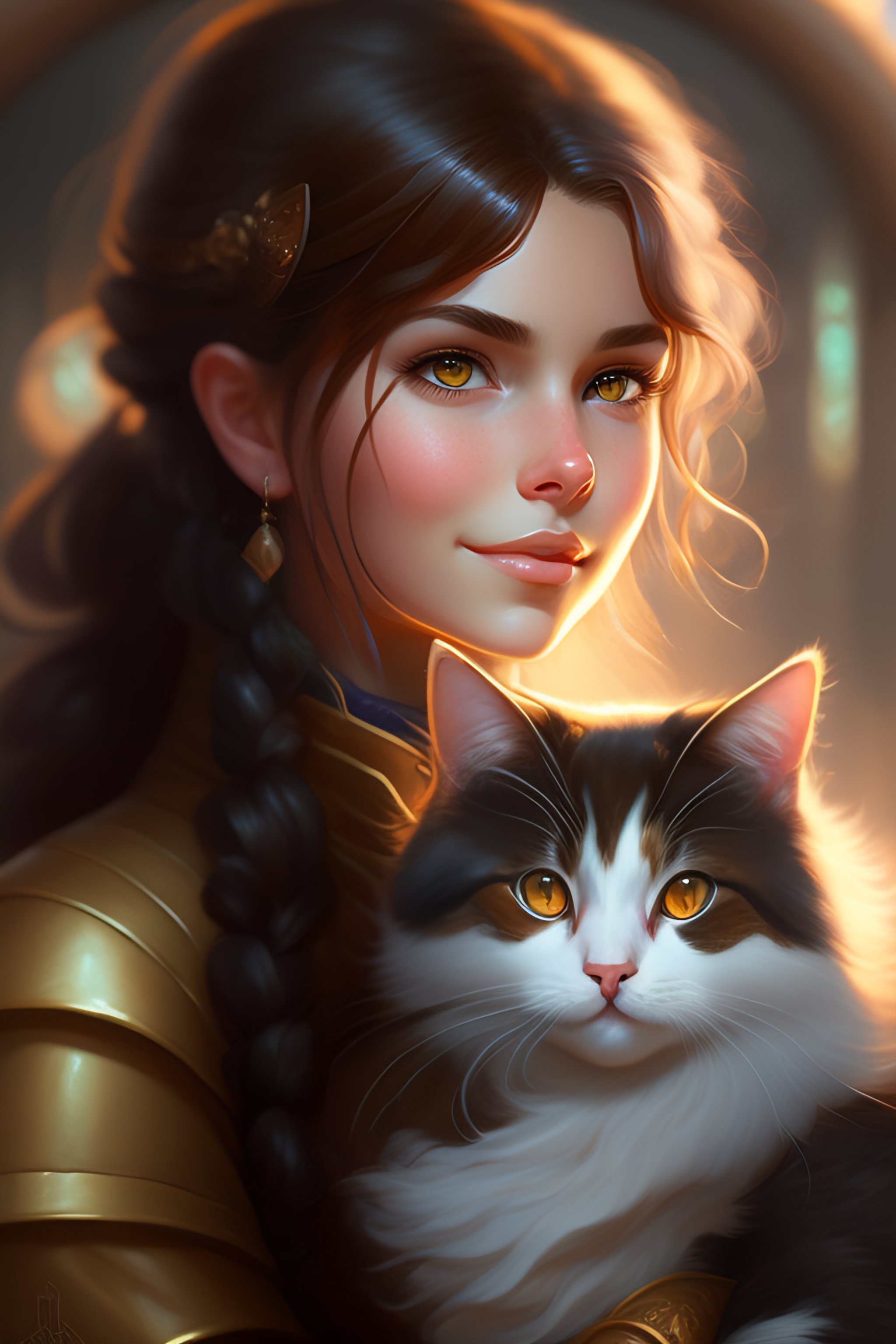 Lexica - A detailed portrait of a cute brunette girl hugging a tabby ...