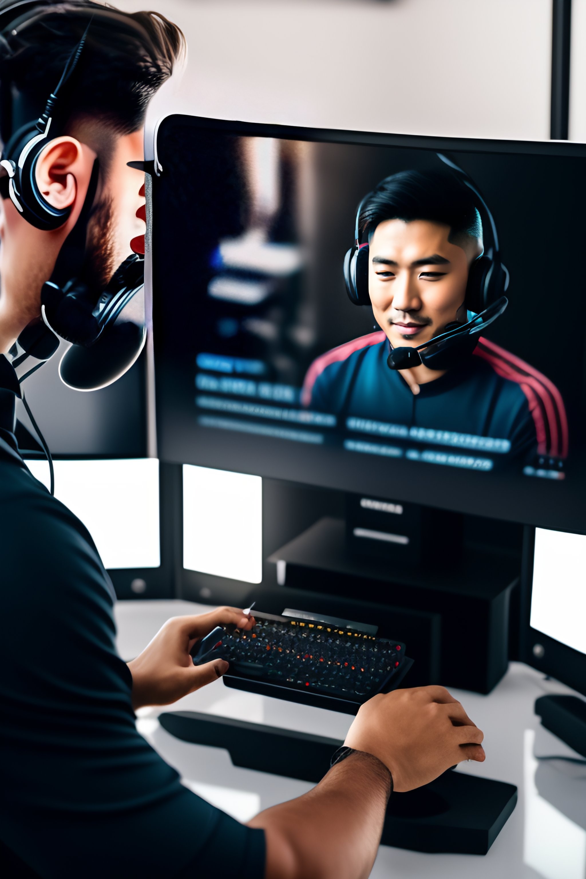 Lexica Youtuber typing on a mechanic keyboard with three screens in