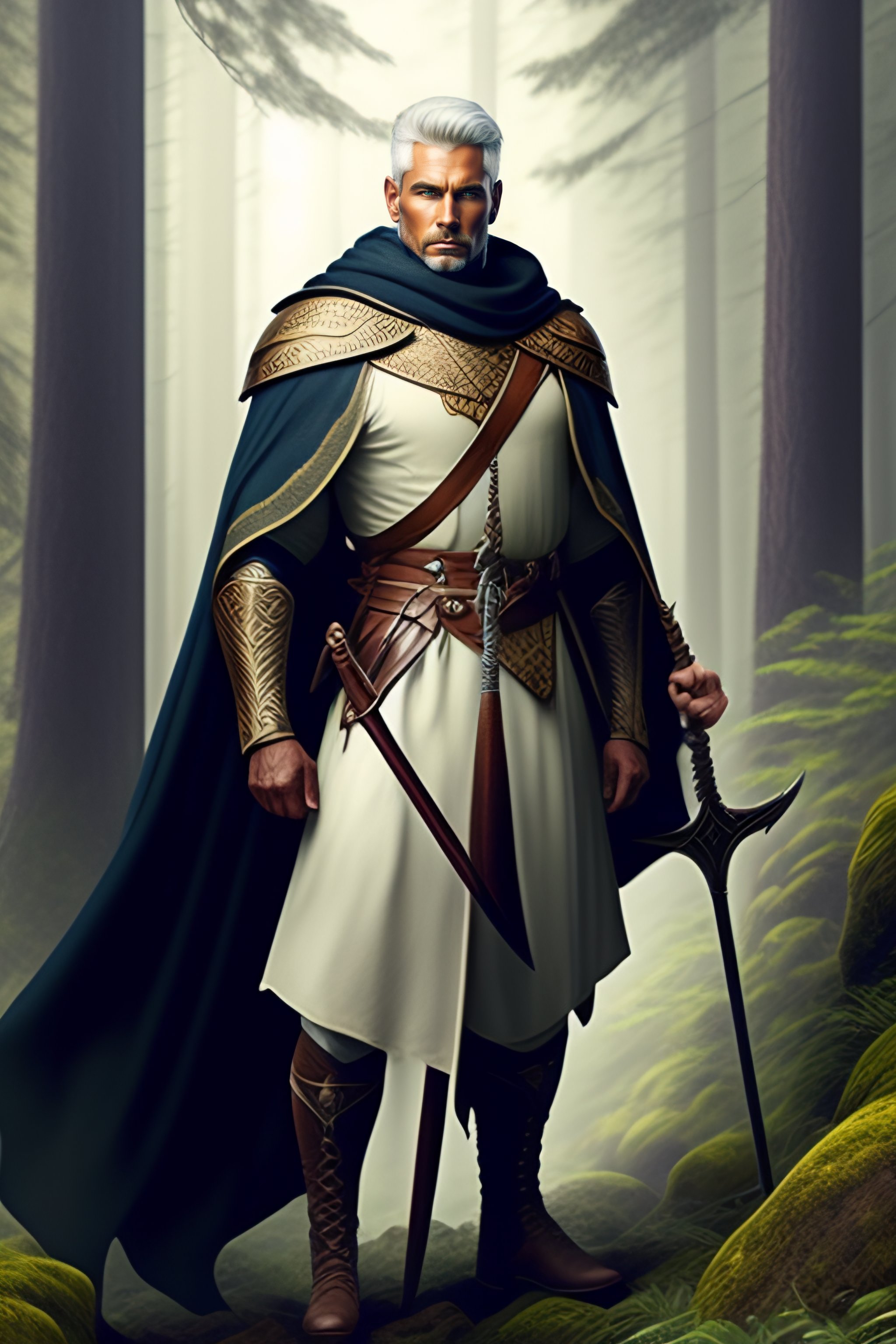 Lexica - Ranger medieval men in forest with sword white hair with cape