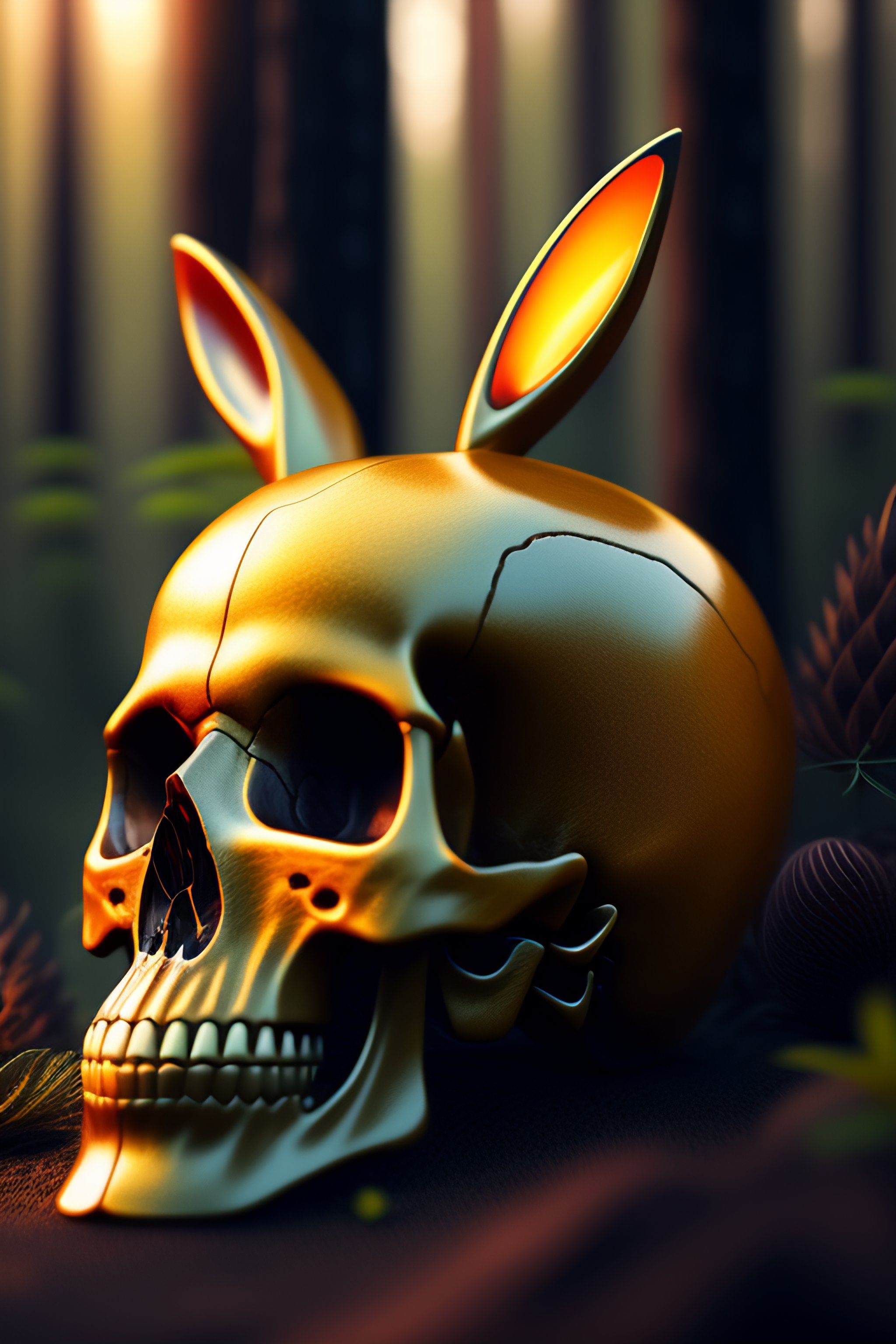 Lexica - The skull of a jackrabbit laying on the ground of a dark
