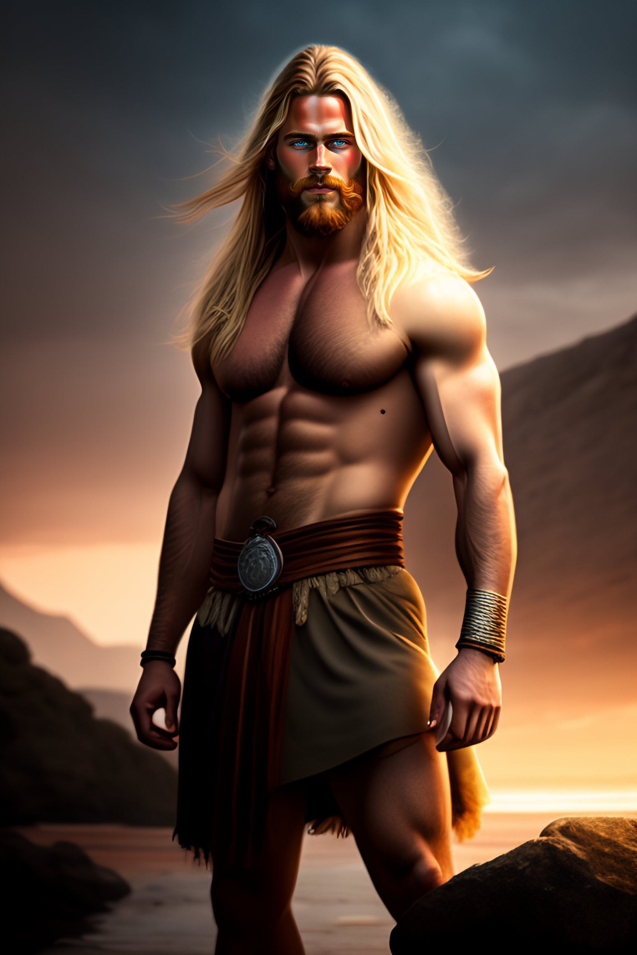 Lexica - Handsome viking hunk, blond, long hair, beard, rugged, wearing no  armor, loincloth, visible torso skin, hairy chest, hairy legs, hairy  body,...