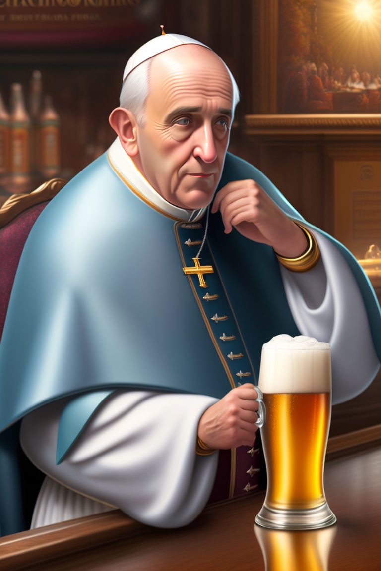 Lexica Creates Pope Francis sitting at a bar table, having a beer