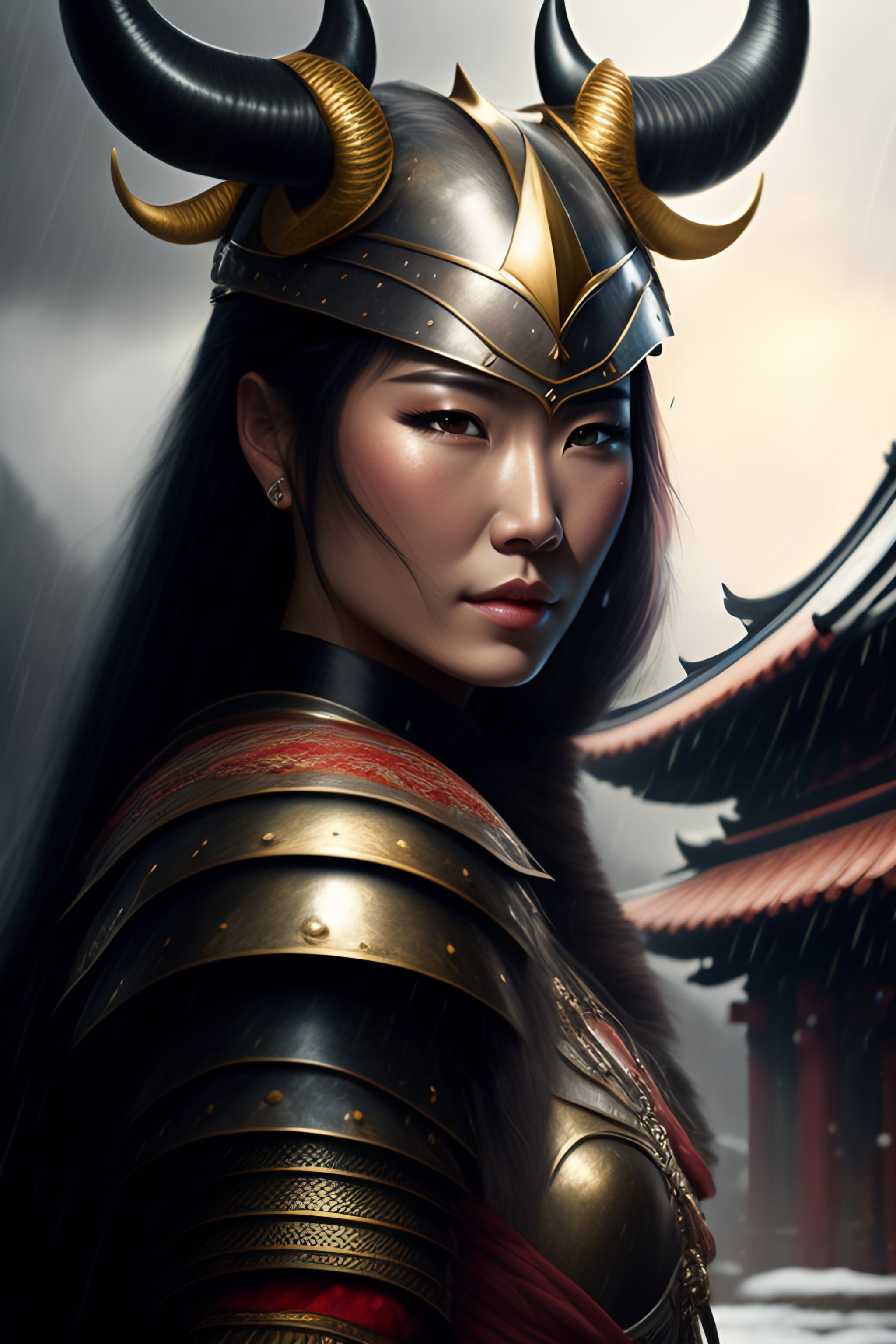 Lexica - Woman wearing armor, horns, japanese, rain