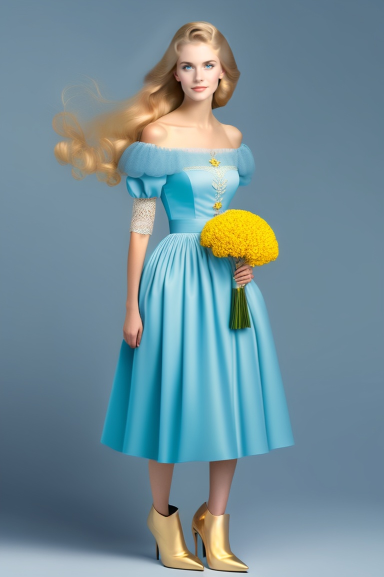 Lexica - A young woman is standing in a light blue dress with golden ...