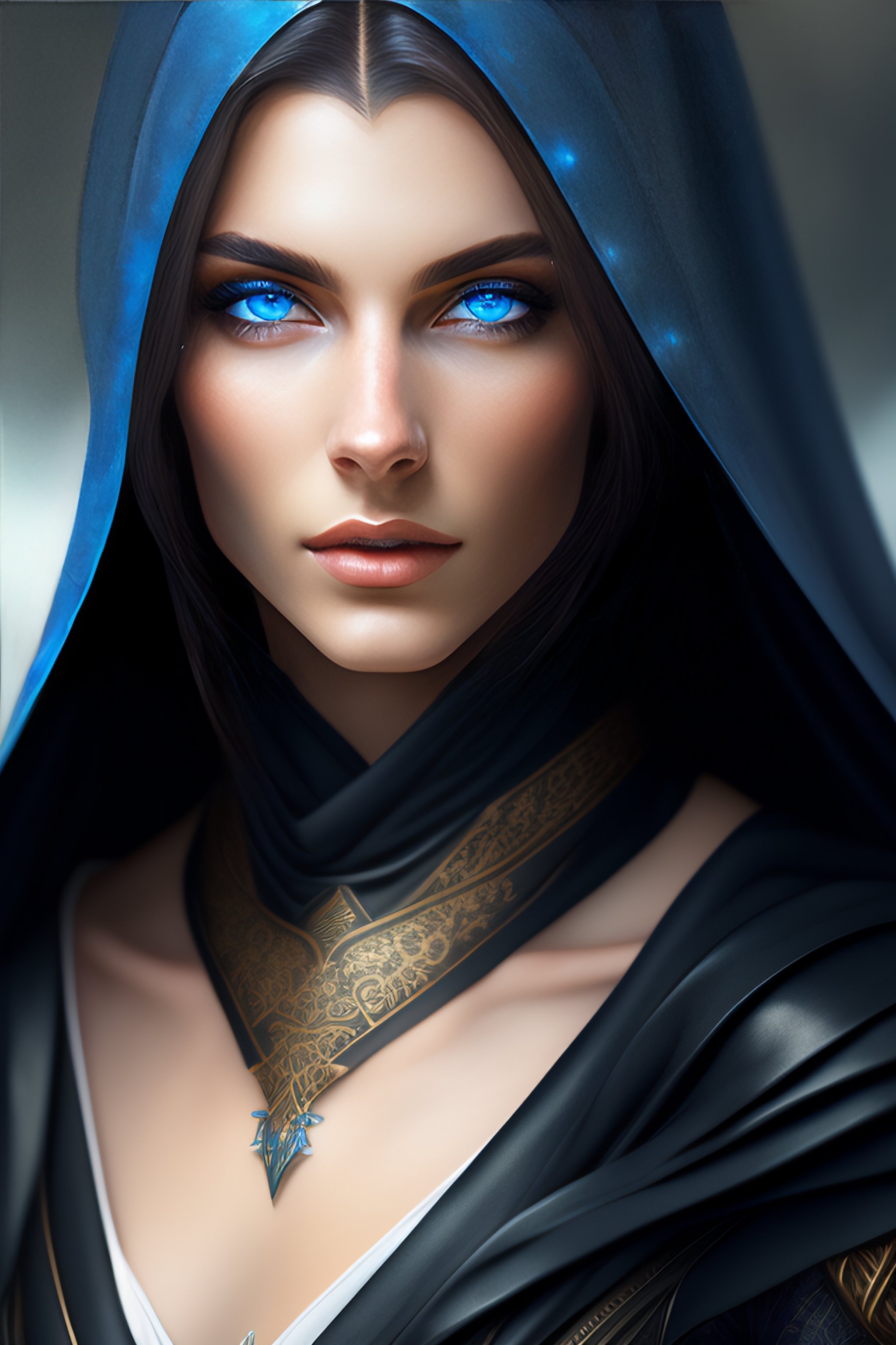 Lexica Portrait Of Beautiful Dark Elf Girl Wearing A Black Hood Pale Blue Eyes Eyeshine 