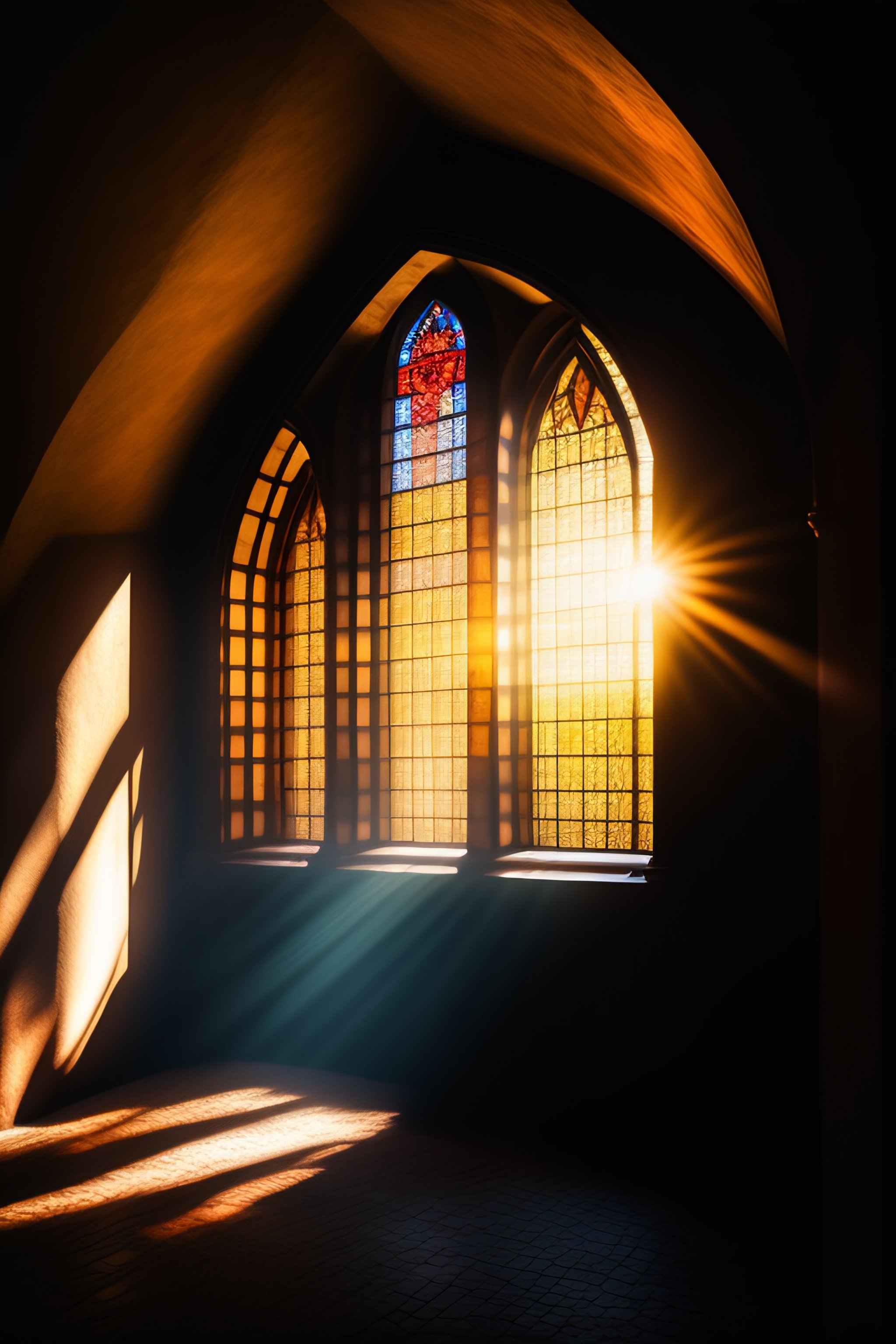 Lexica - Stained glass window of a church with rays emanating from it ...
